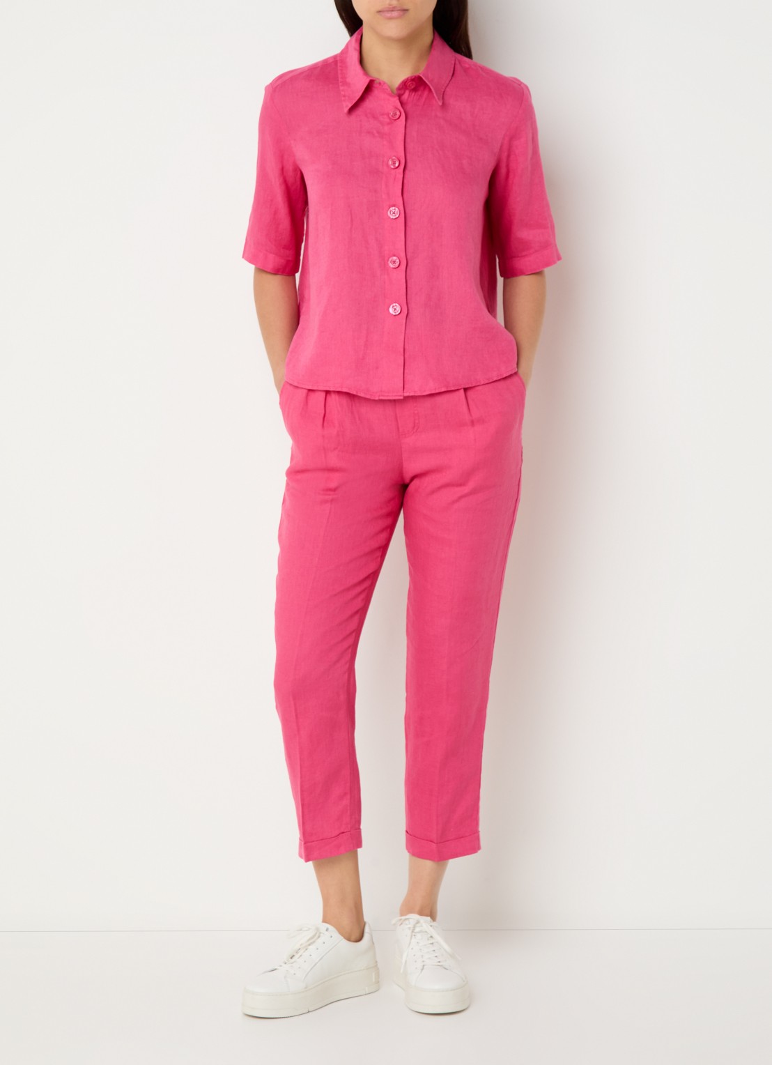 Benetton High waist cropped tapered fit pantalon van linnen  - voorkant 4 fuchsia