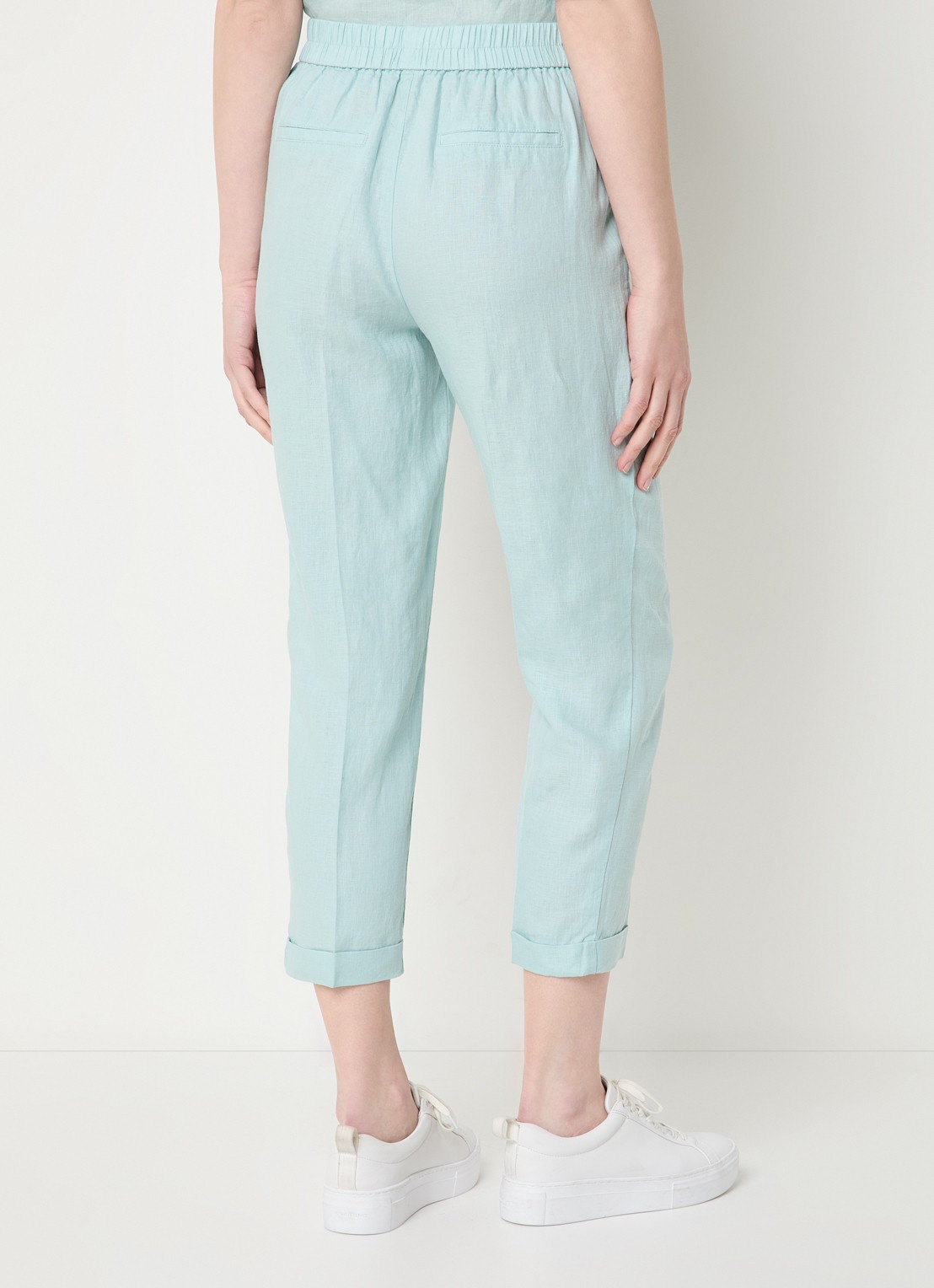Benetton High waist cropped tapered fit pantalon van linnen  - achterkant 4 turquoise