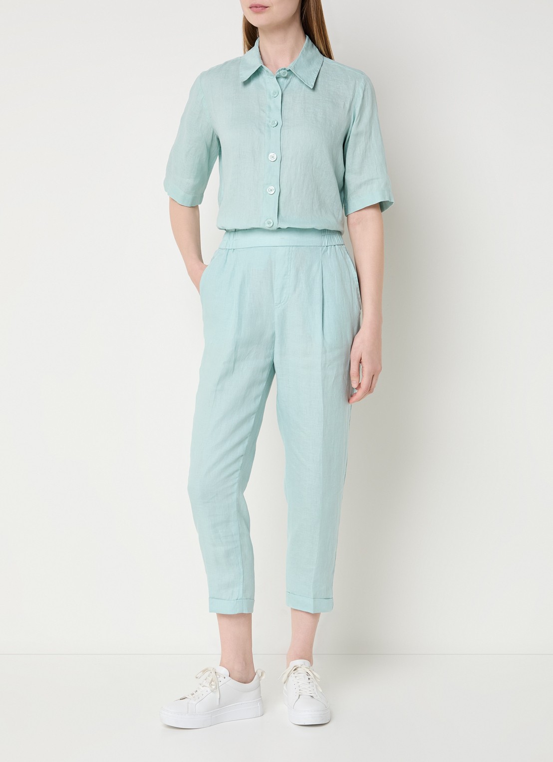 Benetton High waist cropped tapered fit pantalon van linnen  - voorkant 3 turquoise