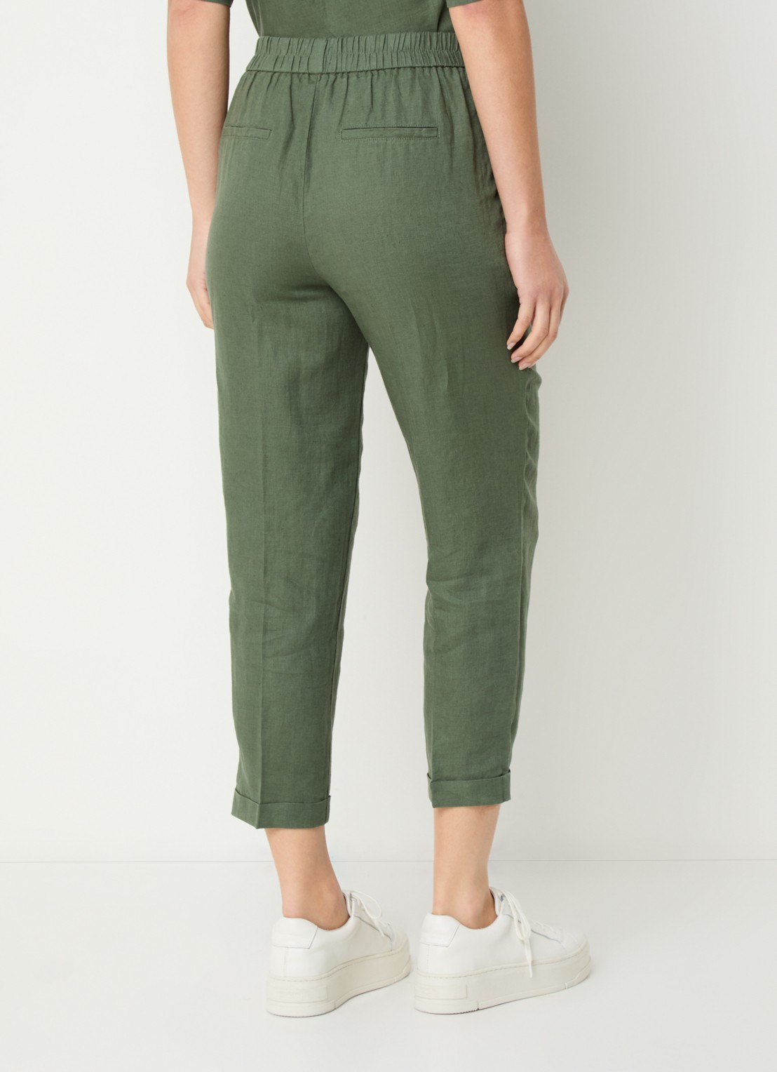 Benetton High waist cropped tapered fit pantalon van linnen  - achterkant donkergroen