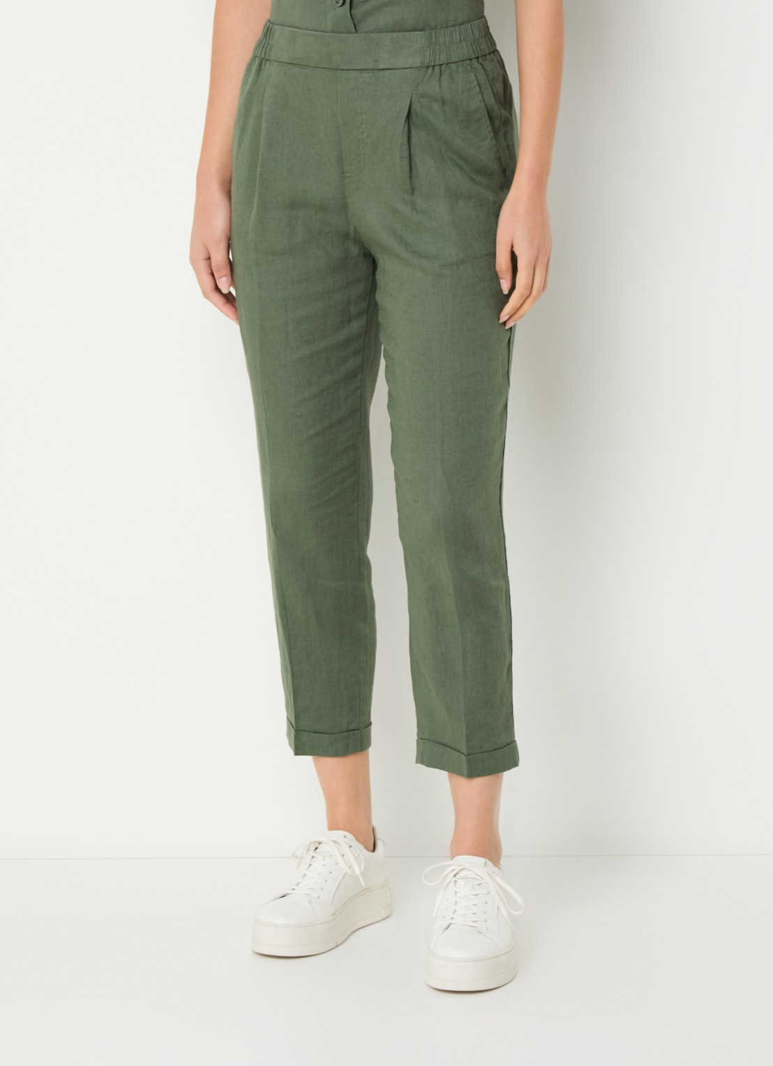 Benetton High waist cropped tapered fit pantalon van linnen  - detail 4 donkergroen