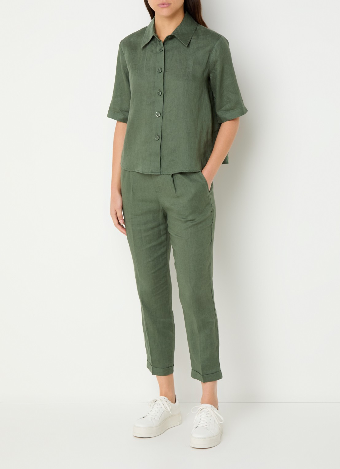 Benetton High waist cropped tapered fit pantalon van linnen  - voorkant 3 donkergroen