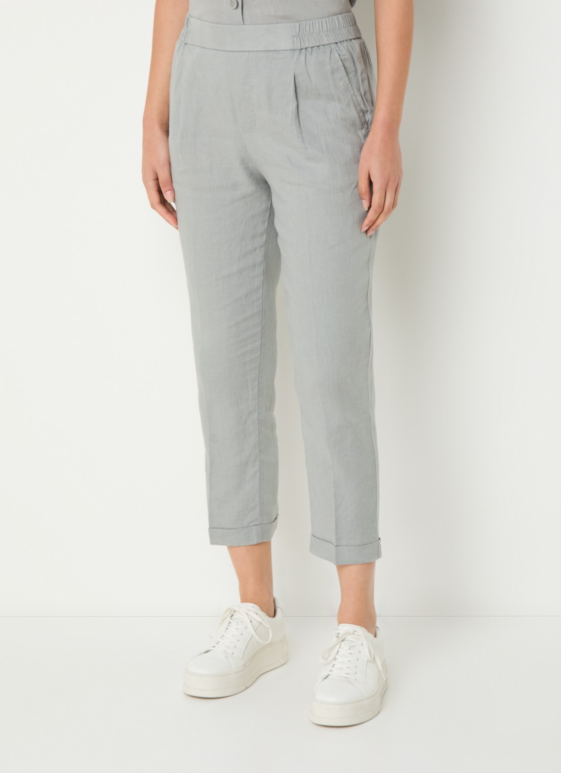Benetton High waist cropped tapered fit pantalon van linnen  - detail grijs