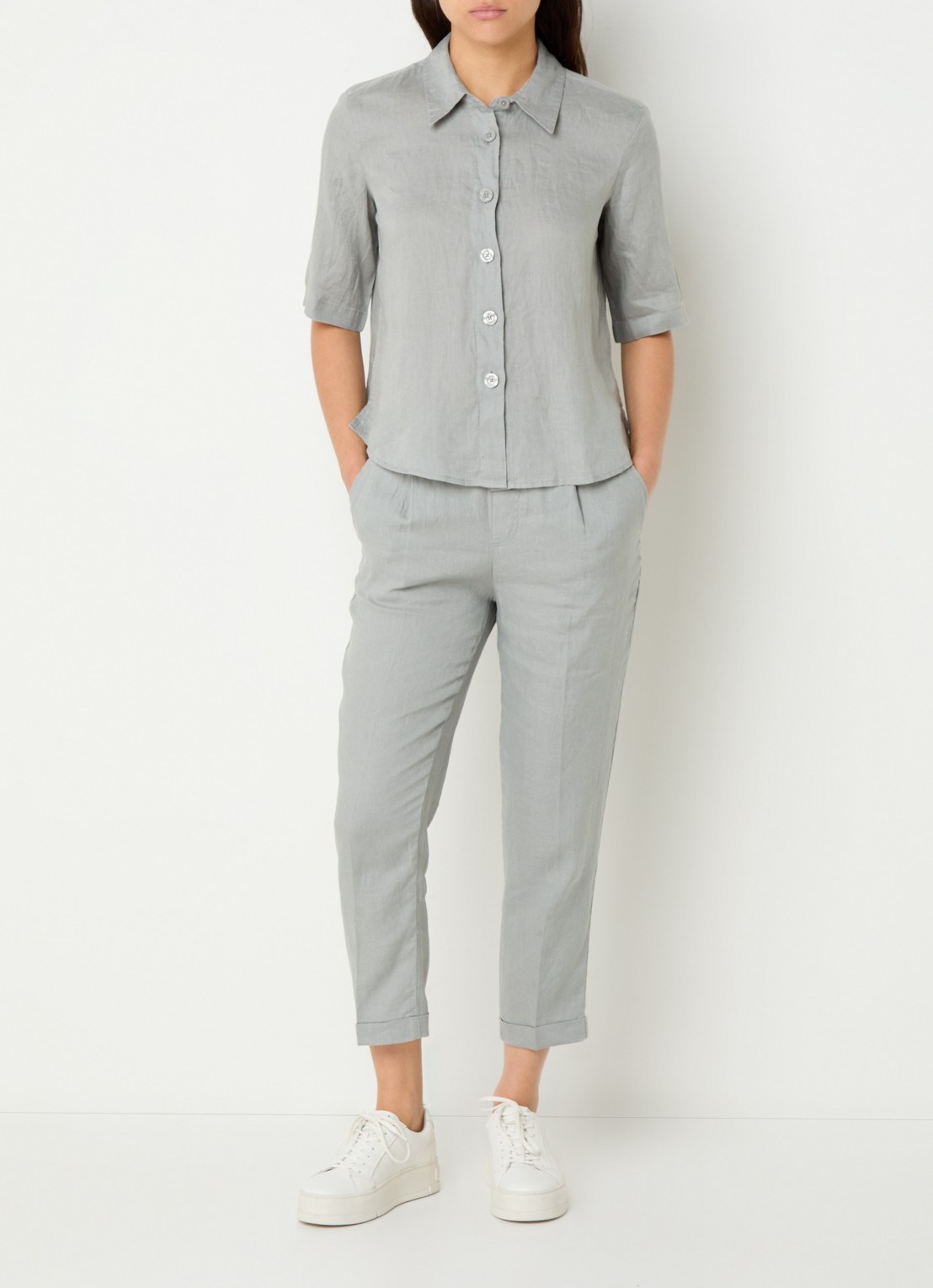Benetton High waist cropped tapered fit pantalon van linnen  - voorkant 4 grijs