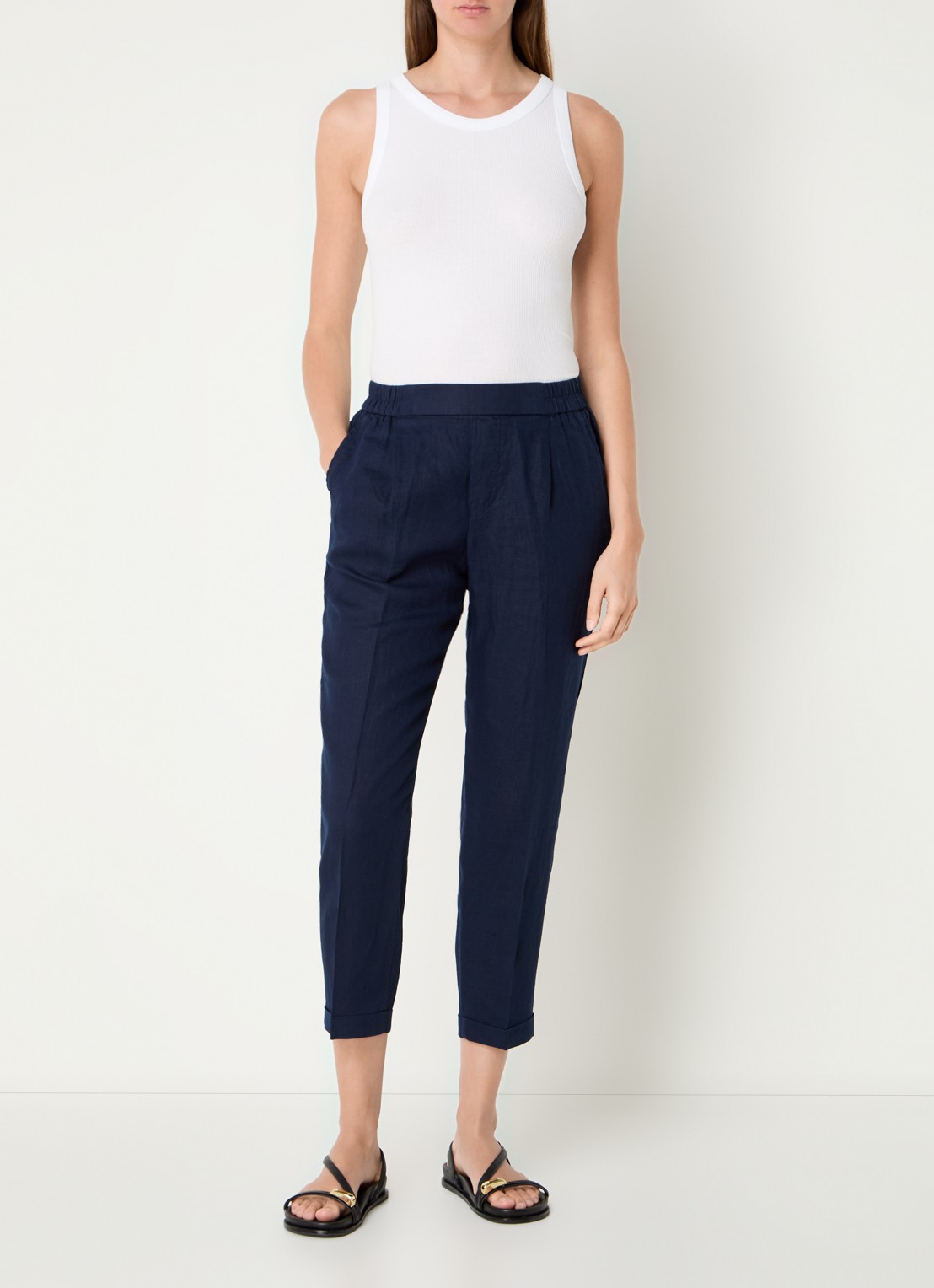 Benetton High waist cropped tapered fit pantalon van linnen - voorkant 2 donkerblauw