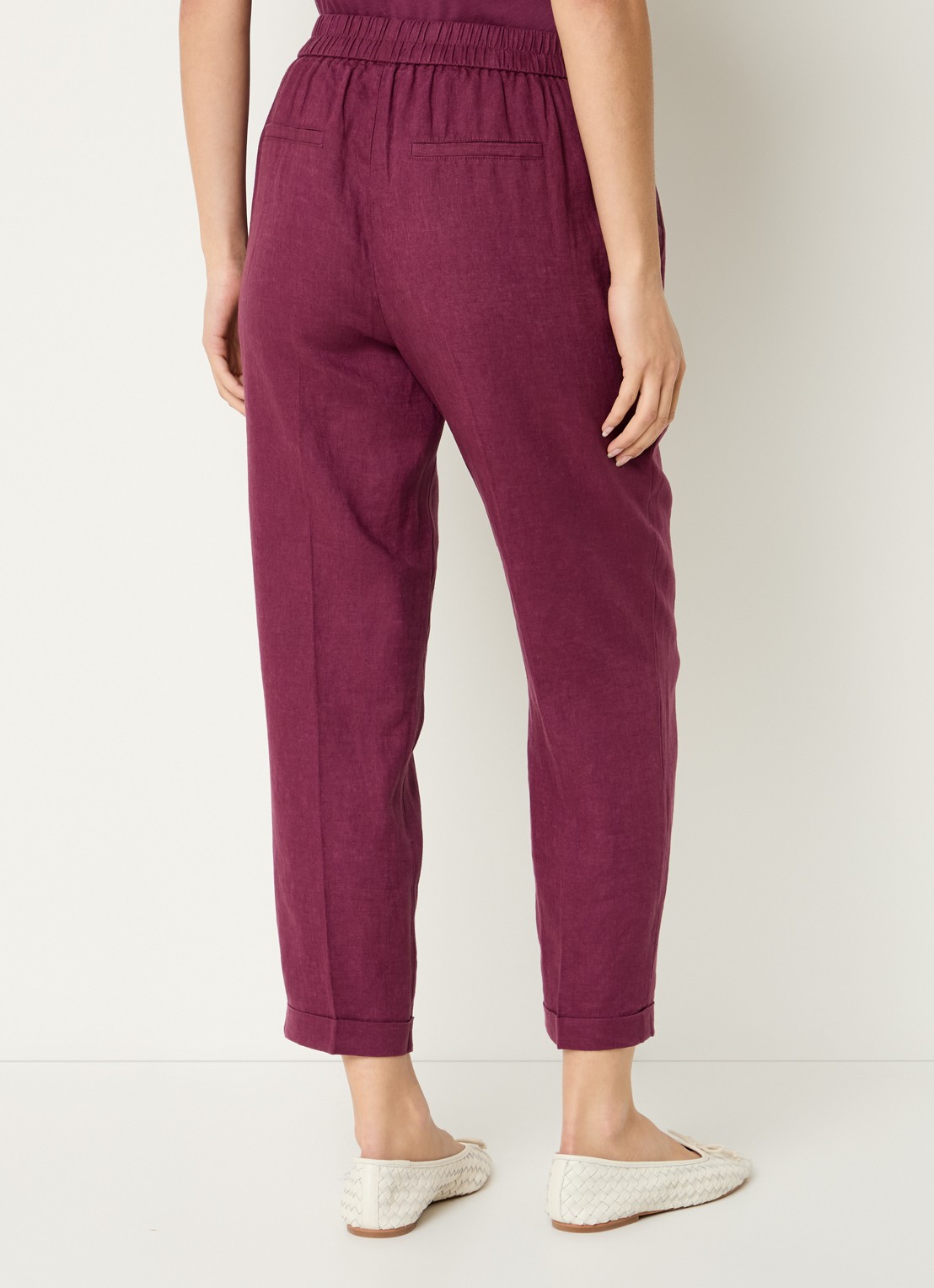 Benetton High waist cropped tapered fit pantalon van linnen - achterkant 4 bordeauxrood
