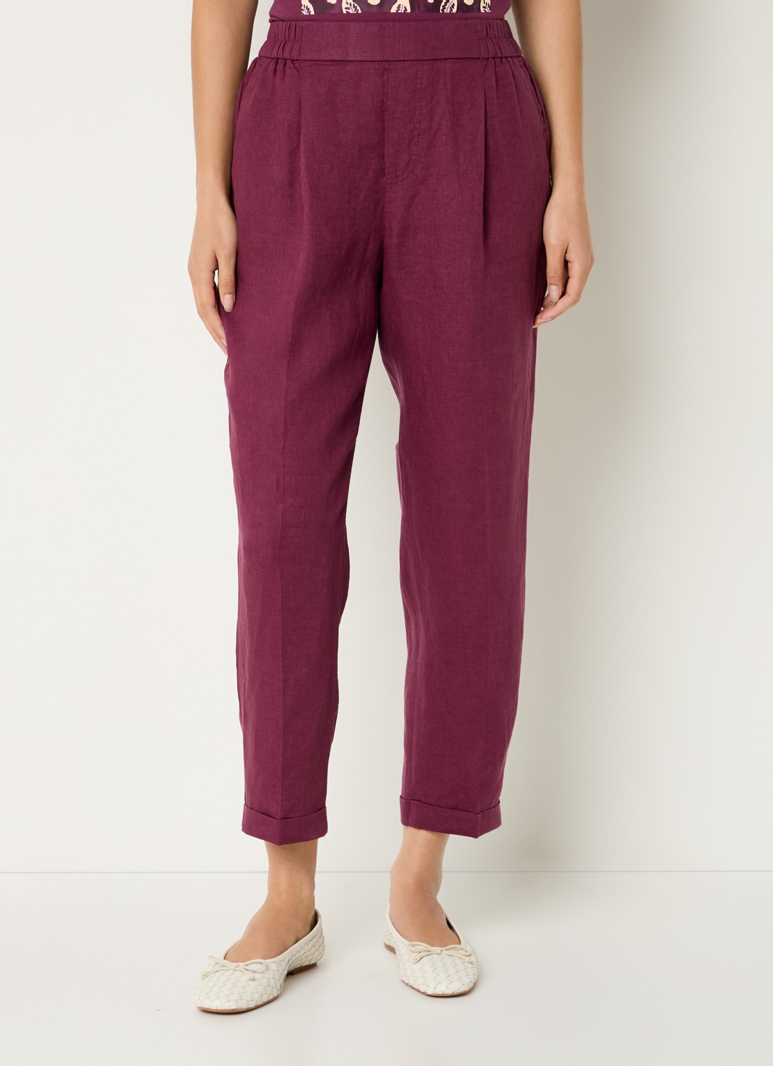 Benetton High waist cropped tapered fit pantalon van linnen - detail bordeauxrood
