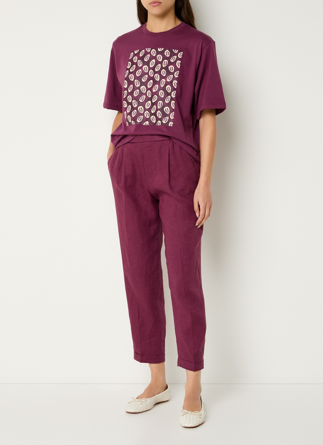 Benetton High waist cropped tapered fit pantalon van linnen - voorkant 3 bordeauxrood