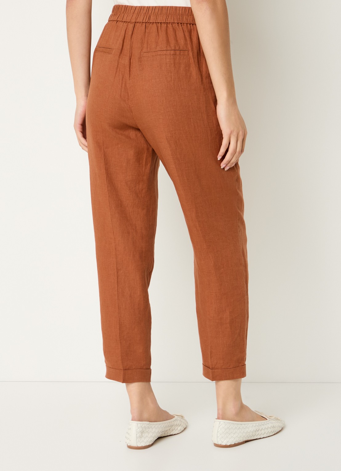 Benetton High waist cropped tapered fit pantalon van linnen - achterkant 3 oranjebruin