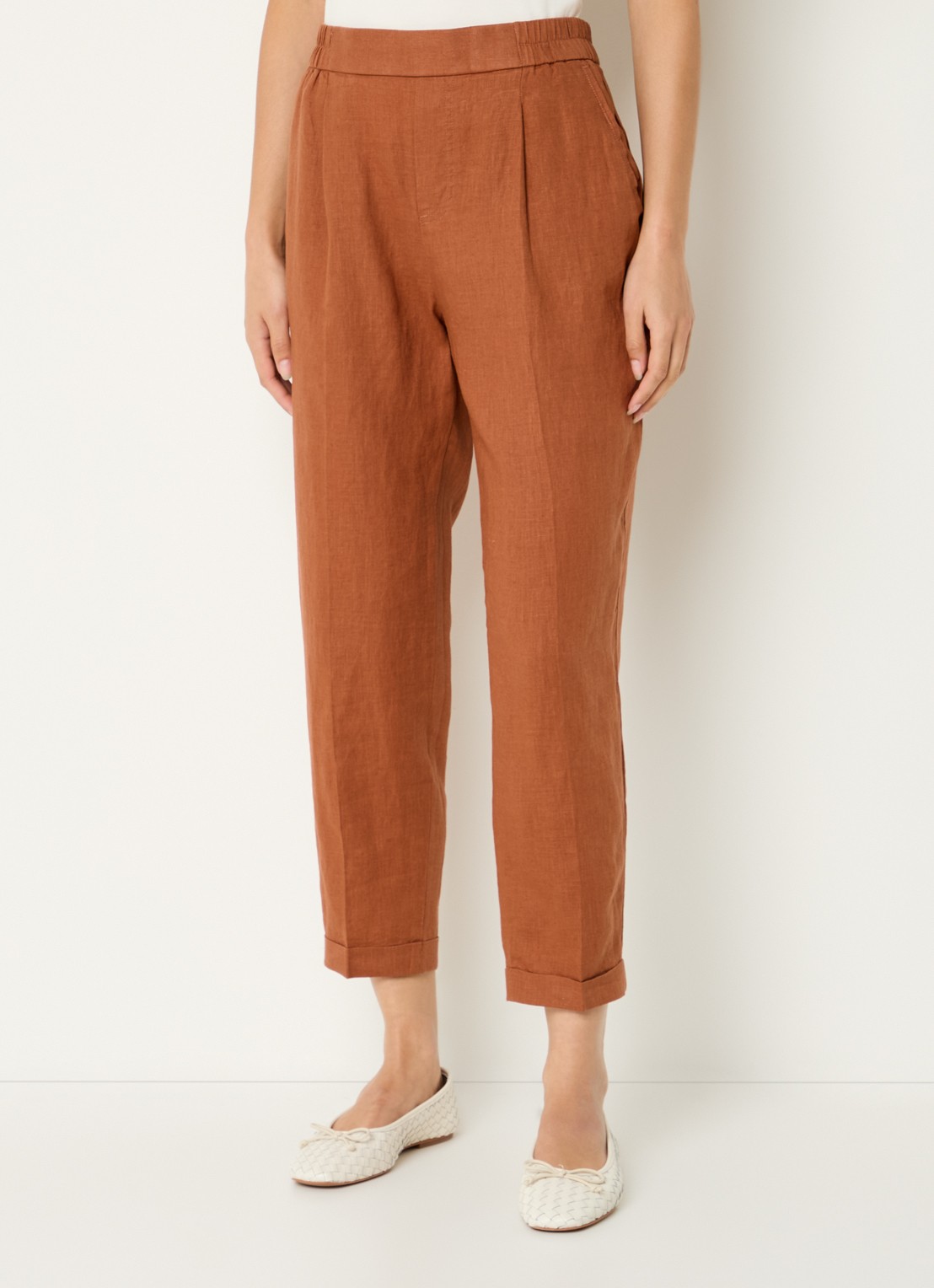 Benetton High waist cropped tapered fit pantalon van linnen - detail 4 oranjebruin