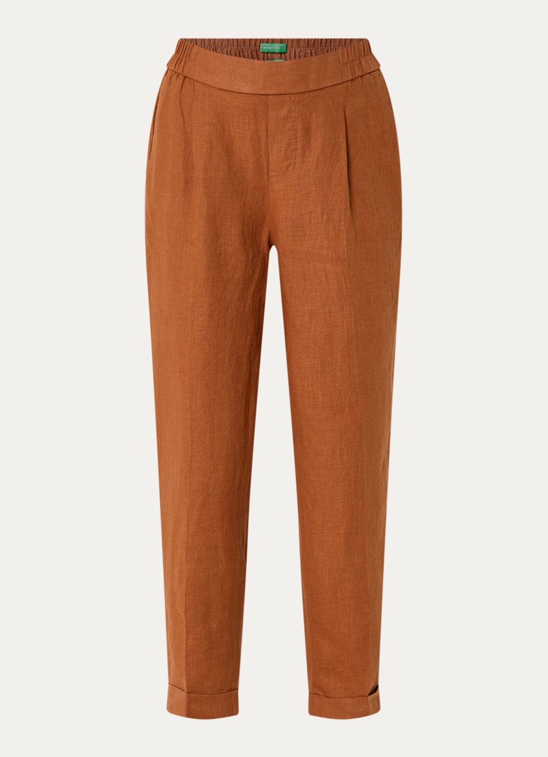 Benetton High waist cropped tapered fit pantalon van linnen - voorkant oranjebruin