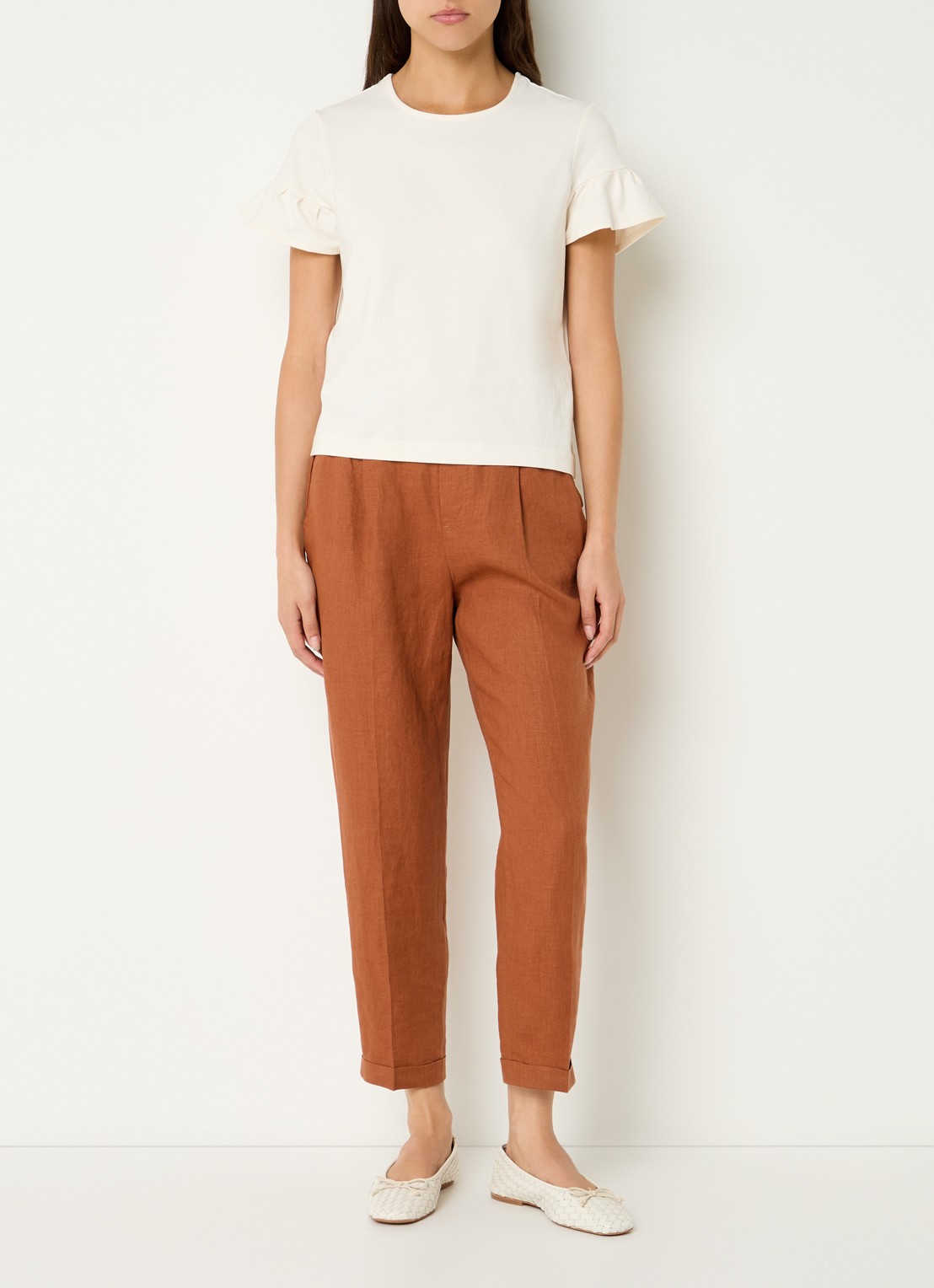 Benetton High waist cropped tapered fit pantalon van linnen - voorkant 2 oranjebruin