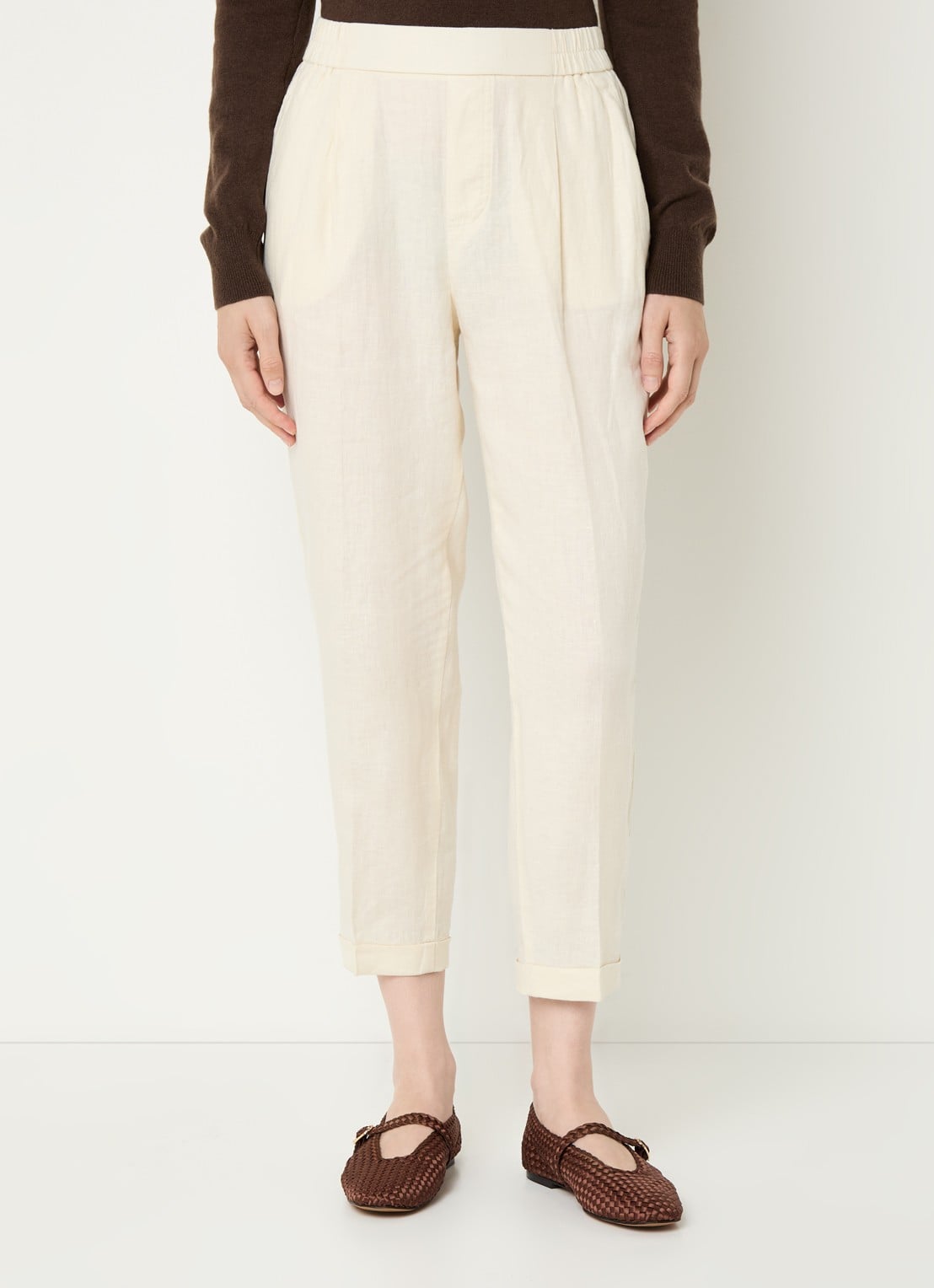 Benetton High waist cropped tapered fit pantalon van linnen - detail 2 gebroken wit