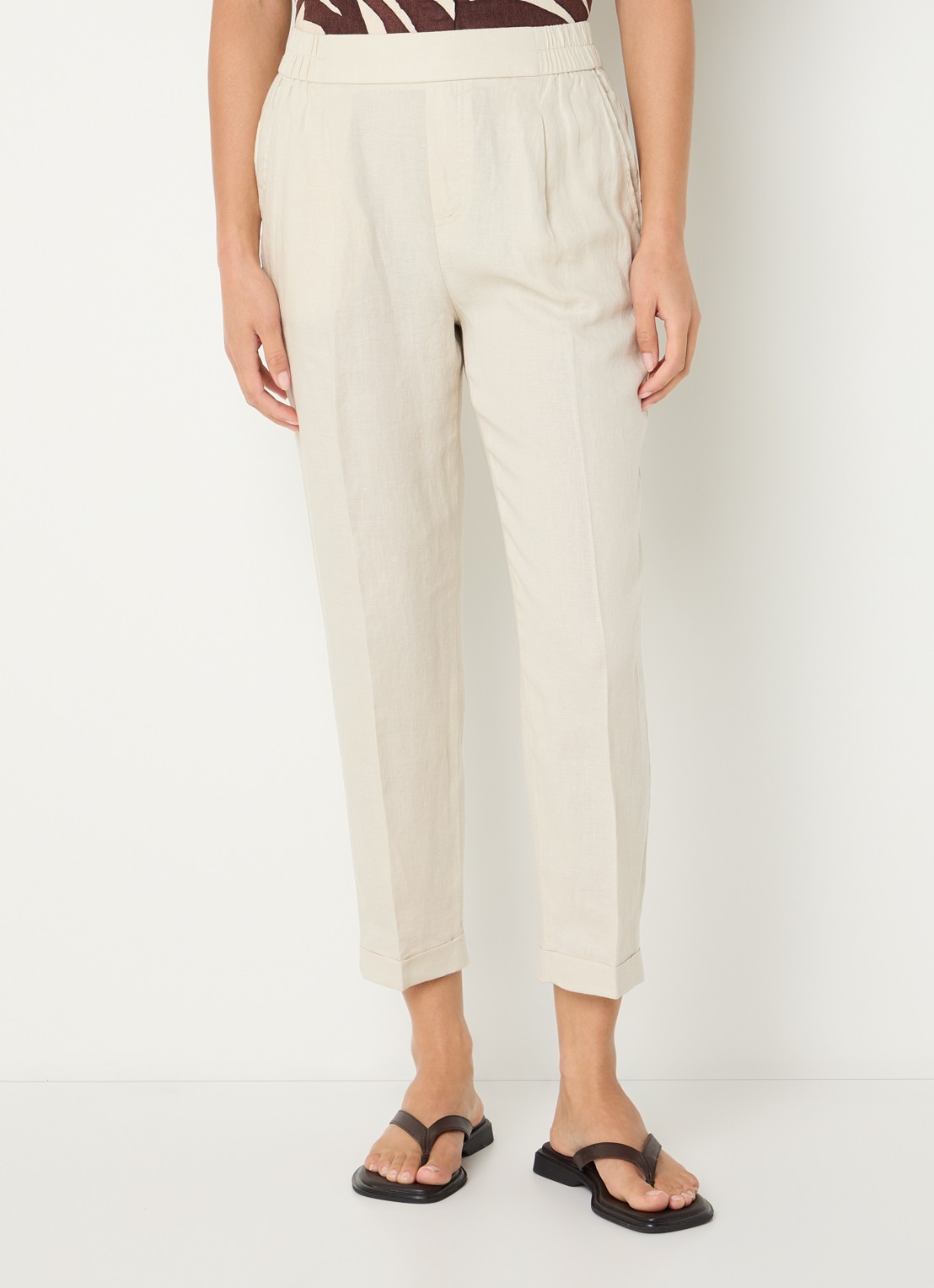 Benetton High waist cropped tapered fit pantalon van linnen - detail 3 zand