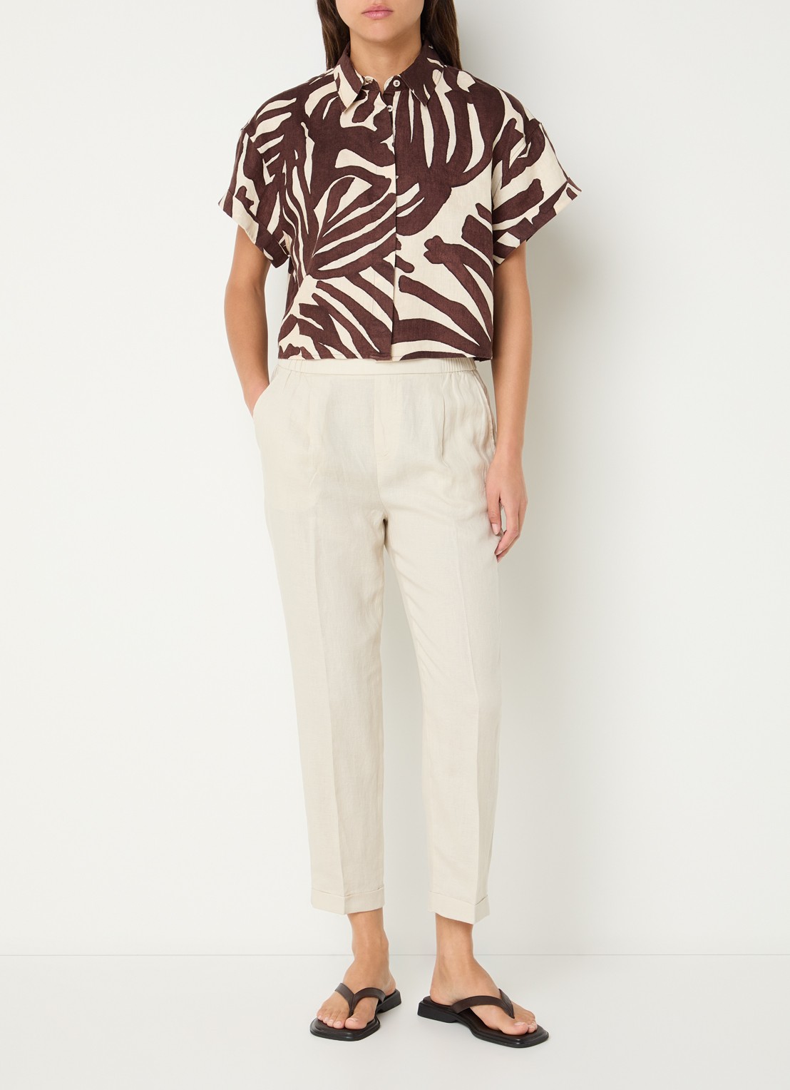 Benetton High waist cropped tapered fit pantalon van linnen - voorkant 2 zand