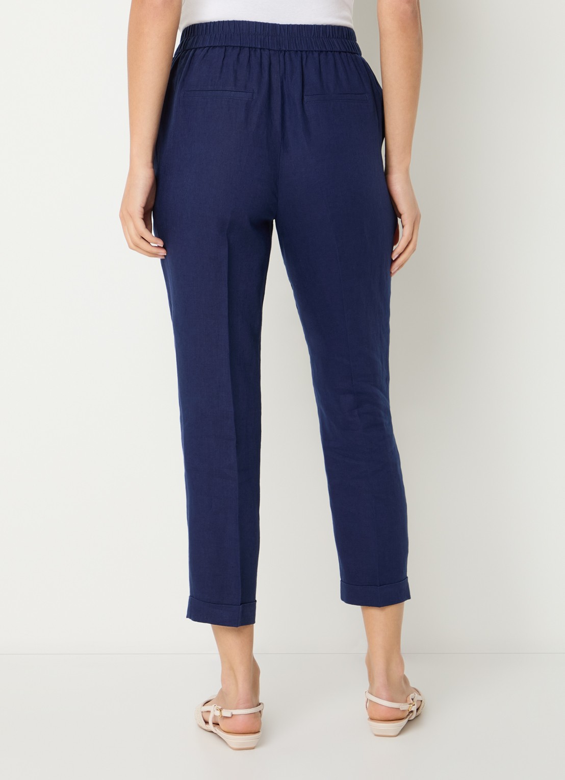 Benetton High waist cropped tapered fit pantalon van linnen - achterkant blauw