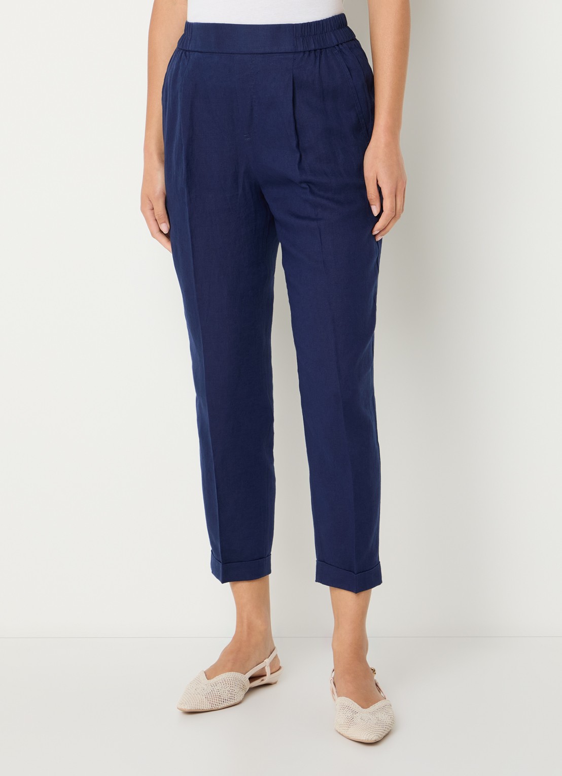 Benetton High waist cropped tapered fit pantalon van linnen - detail 2 blauw