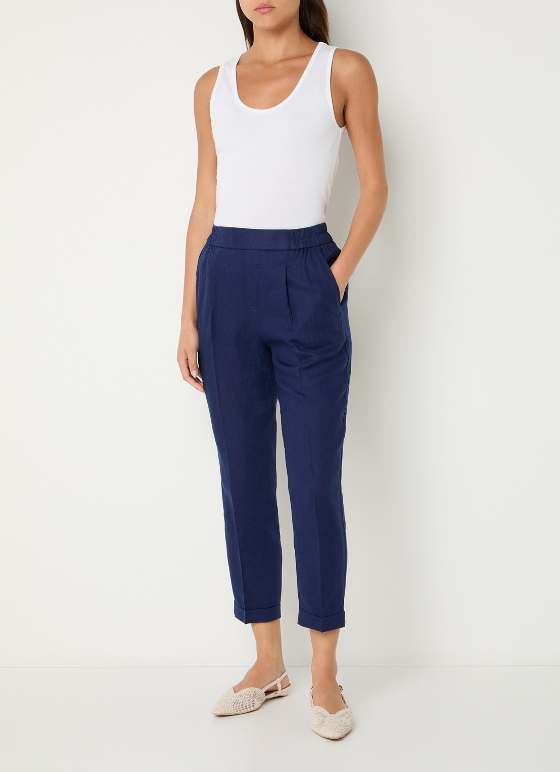 Benetton High waist cropped tapered fit pantalon van linnen - voorkant 4 blauw