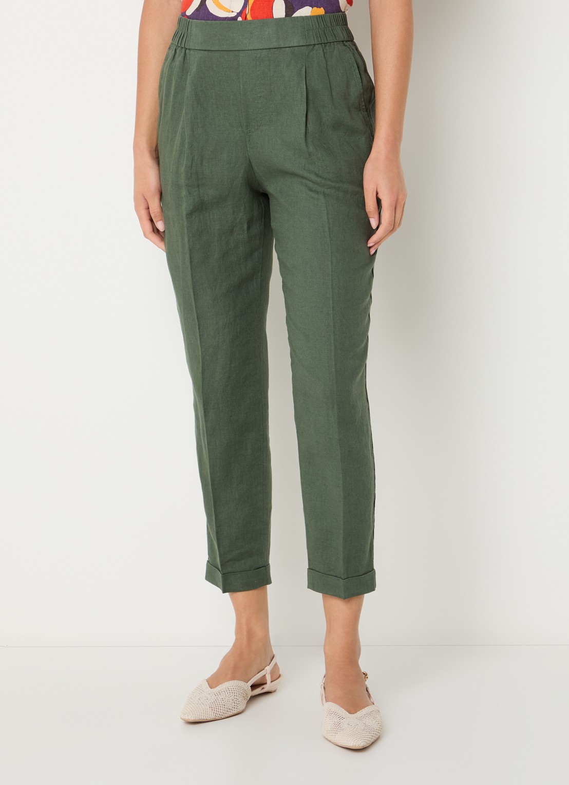 Benetton High waist cropped tapered fit pantalon van linnen - detail 3 donkergroen
