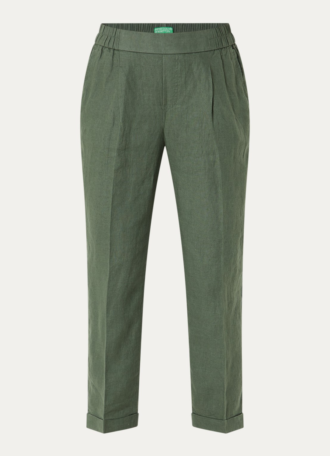 Benetton High waist cropped tapered fit pantalon van linnen - voorkant donkergroen