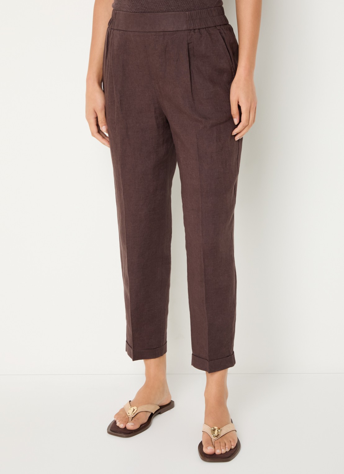 Benetton High waist cropped tapered fit pantalon van linnen - detail 4 bruin
