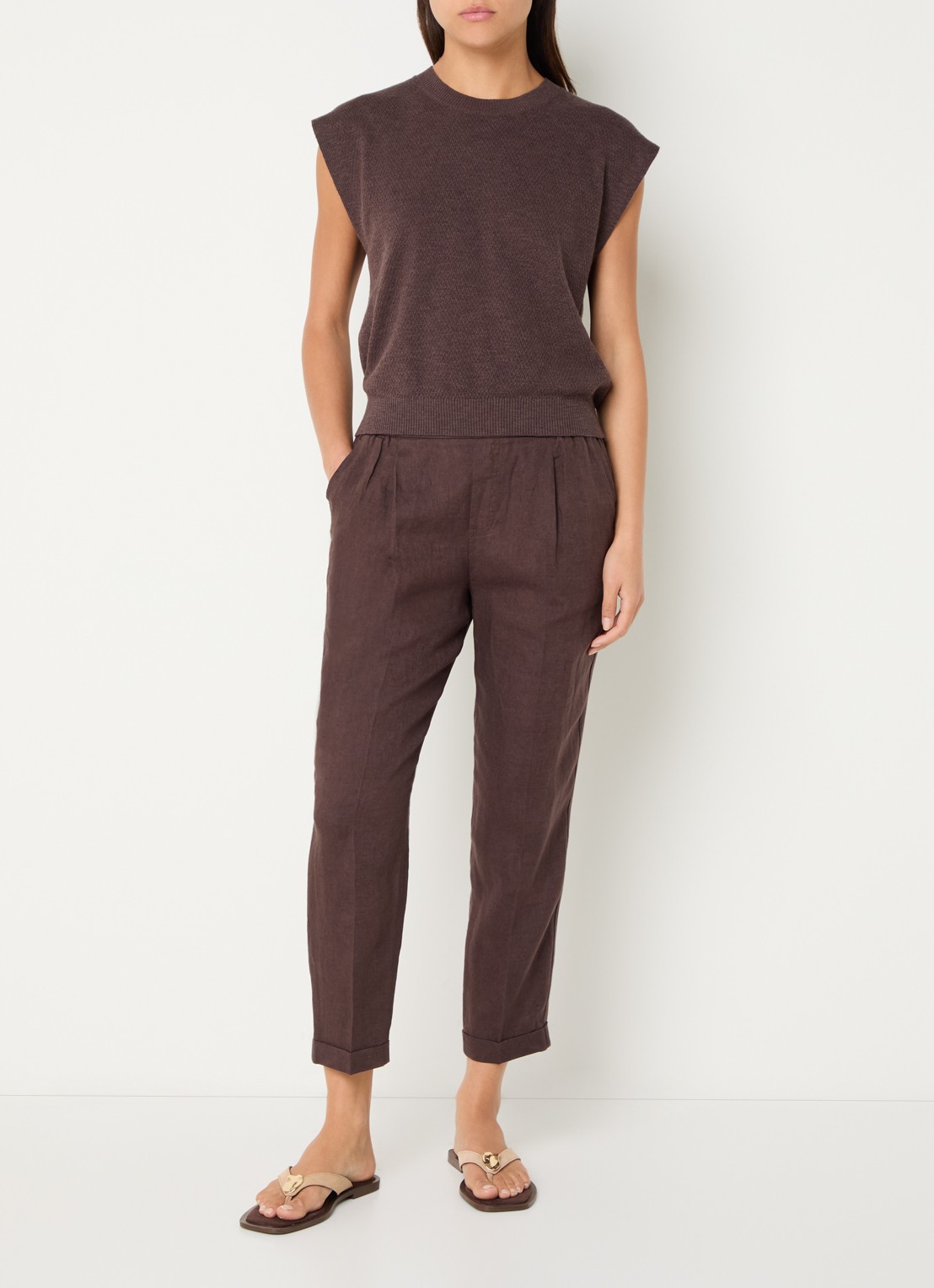 Benetton High waist cropped tapered fit pantalon van linnen - voorkant 3 bruin