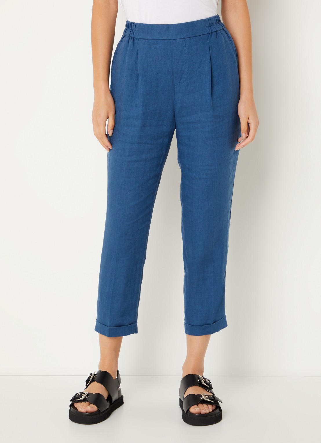 Benetton High waist cropped tapered fit pantalon van linnen  - detail 4 kobaltblauw
