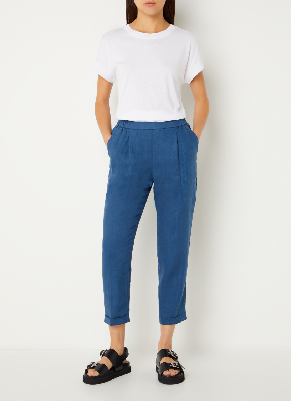 Benetton High waist cropped tapered fit pantalon van linnen  - voorkant 3 kobaltblauw