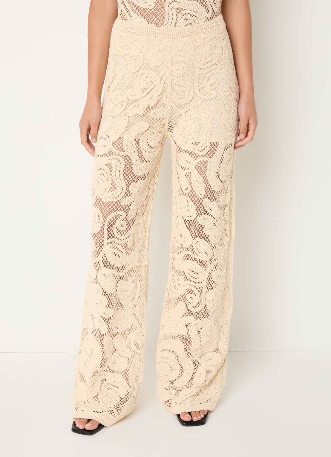 Benetton High waist flared fit broek met opengewerkt dessin - detail 3 ivoor