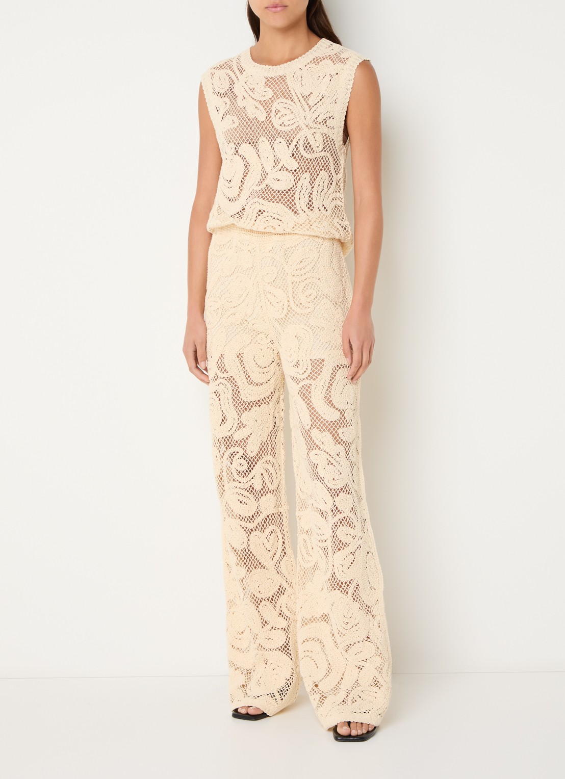 Benetton High waist flared fit broek met opengewerkt dessin - voorkant 2 ivoor