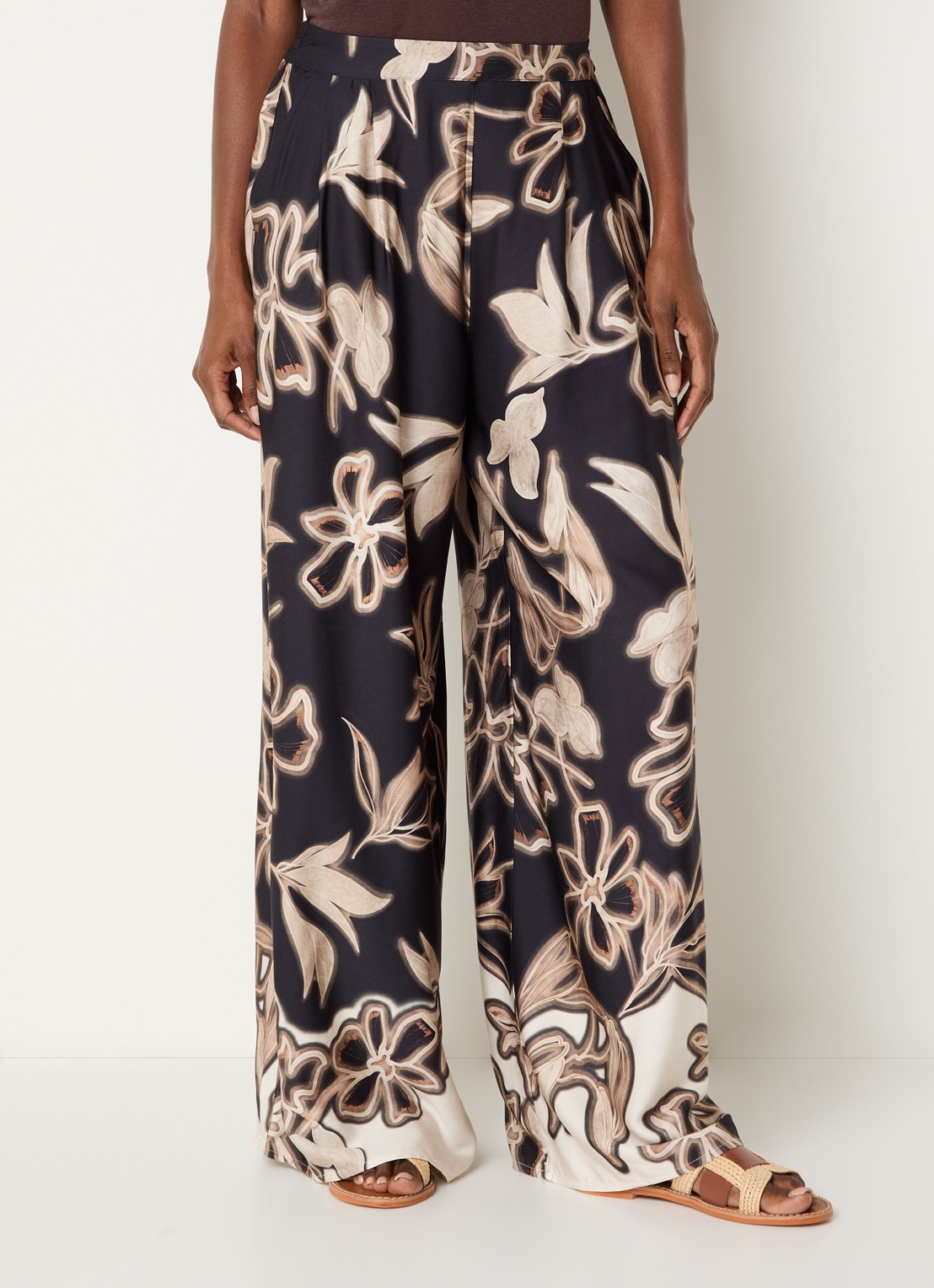 Benetton High waist loose fit broek met bloemenprint - detail zwart