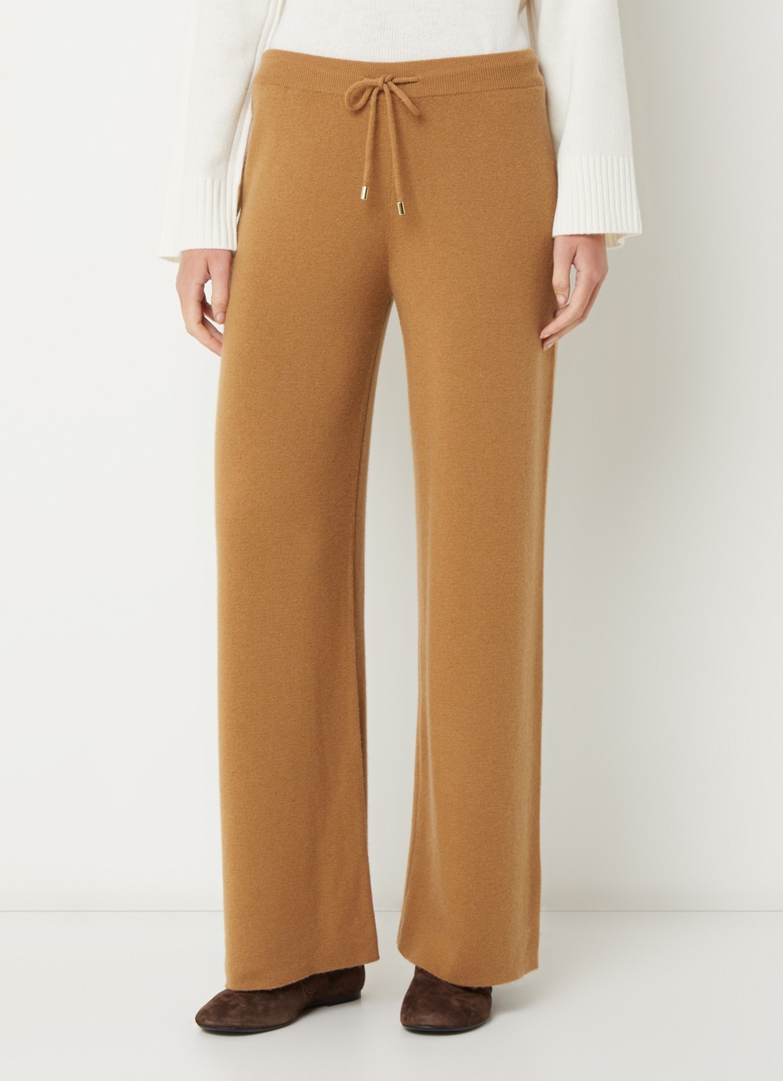 Benetton High waist straight fit broek in kasjmier wolblend - detail camel