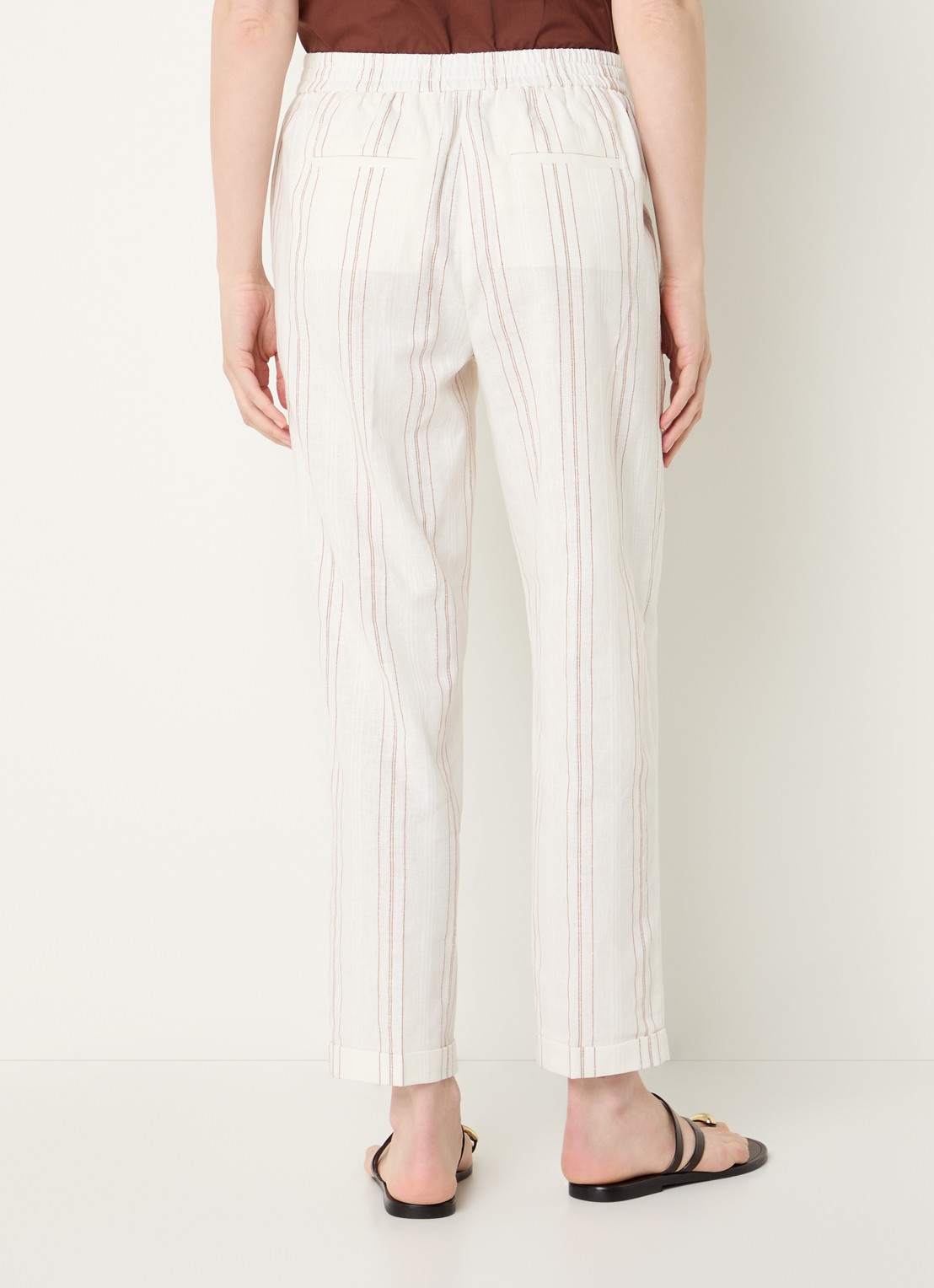 Benetton High waist straight fit broek in linnenblend met streepprint - achterkant 3 gebroken wit
