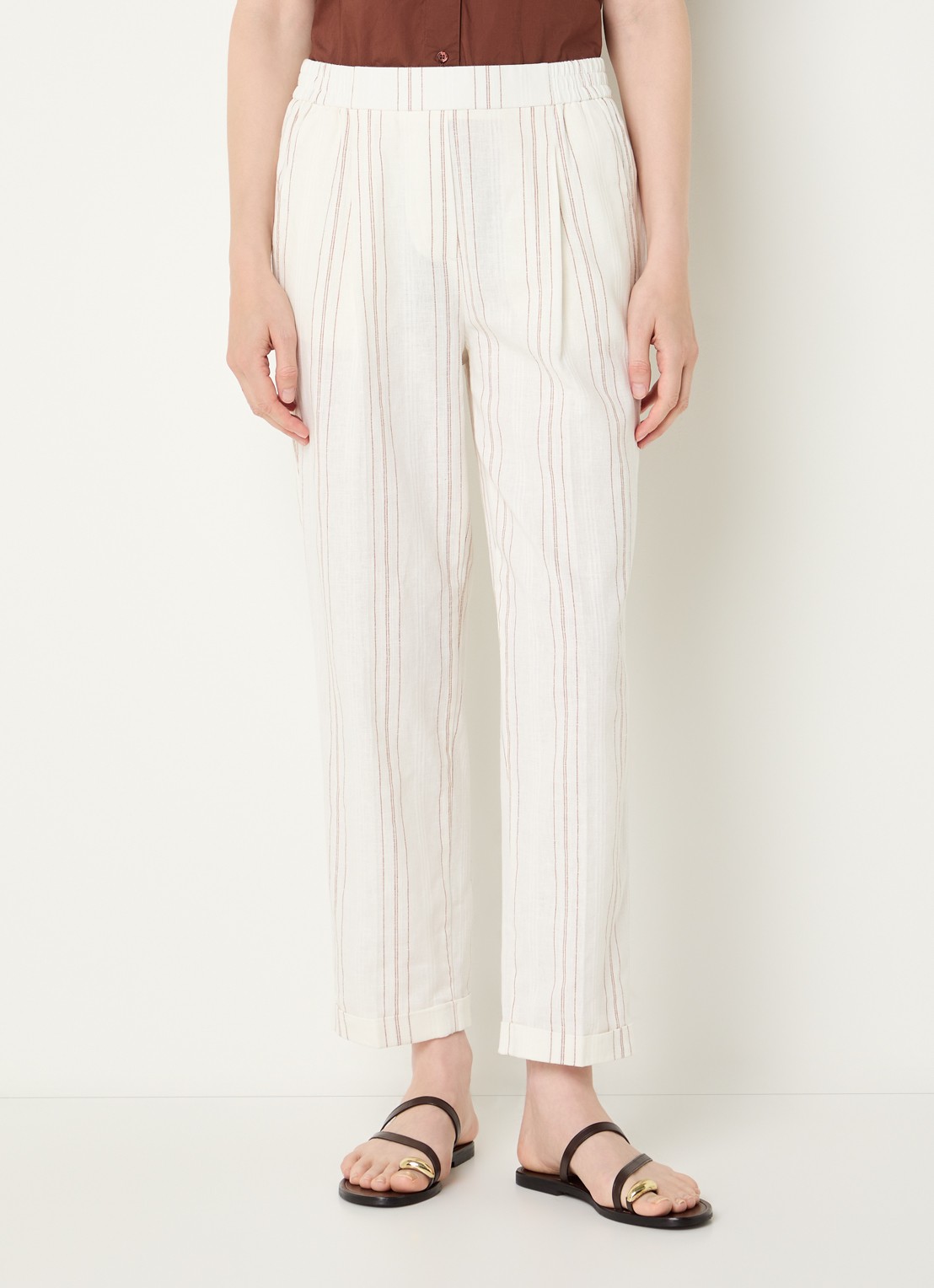 Benetton High waist straight fit broek in linnenblend met streepprint - detail 4 gebroken wit
