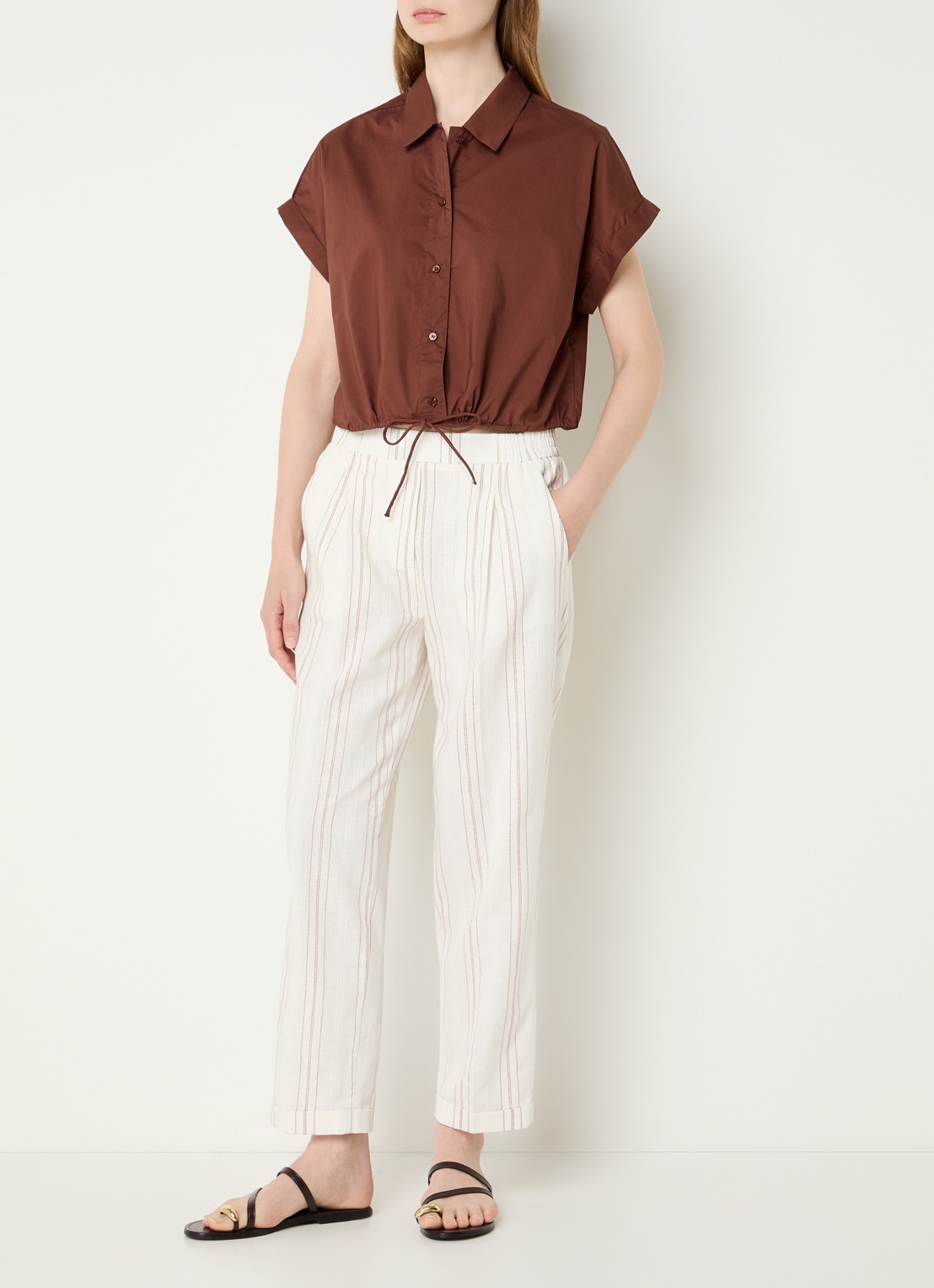 Benetton High waist straight fit broek in linnenblend met streepprint - voorkant 2 gebroken wit