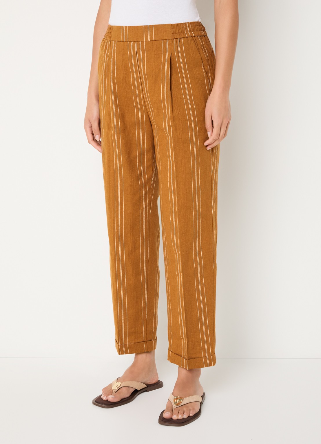 Benetton High waist straight fit broek in linnenblend met streepprint - detail 2 oranjebruin