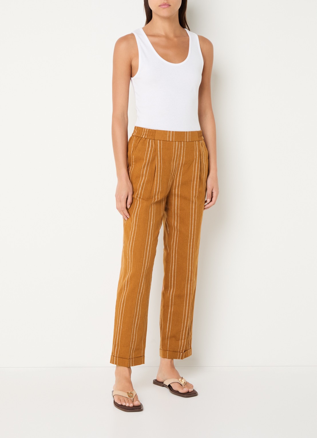 Benetton High waist straight fit broek in linnenblend met streepprint - voorkant 4 oranjebruin