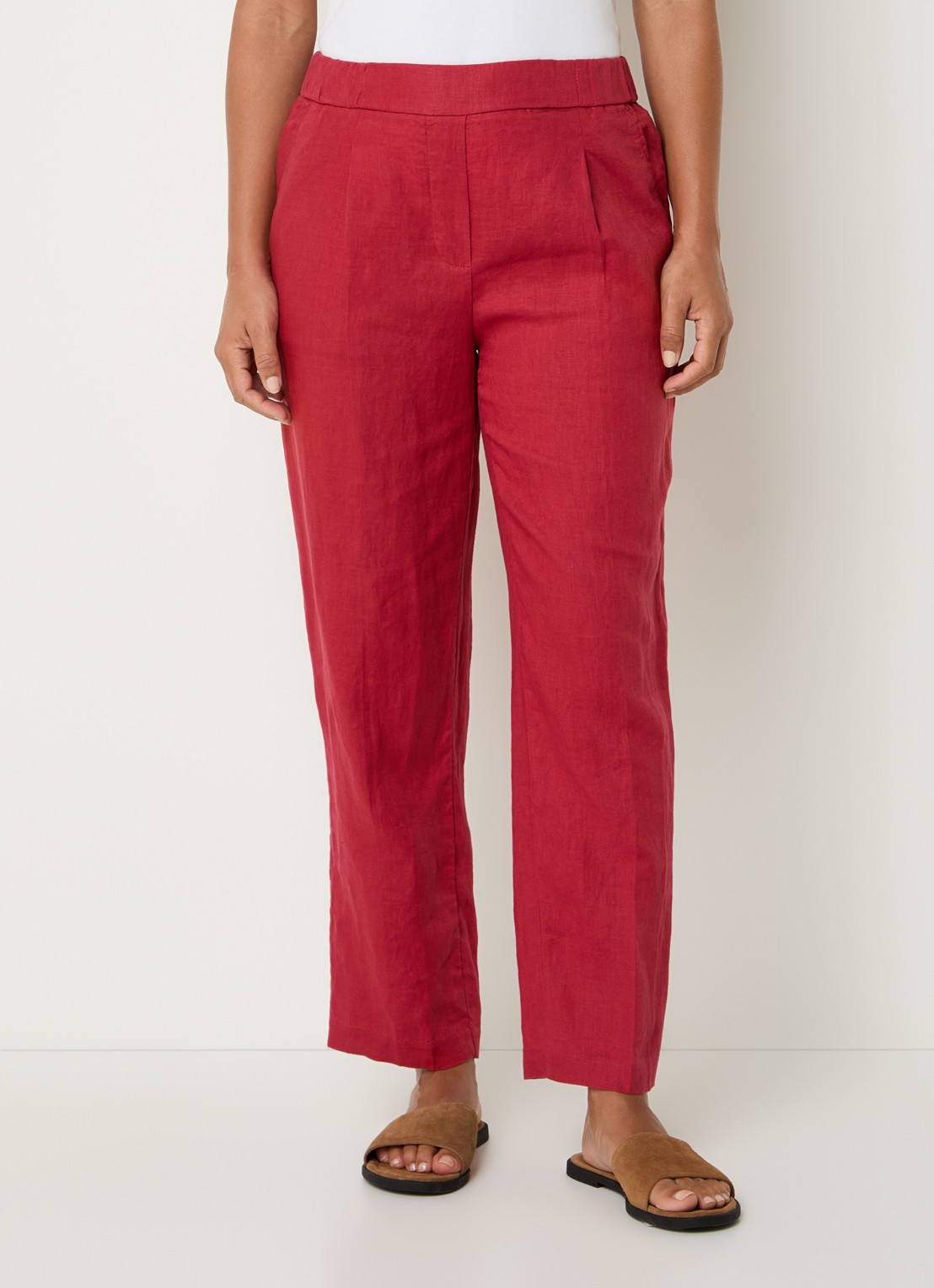 Benetton High waist straight fit chino van linnen met steekzakken - detail rood