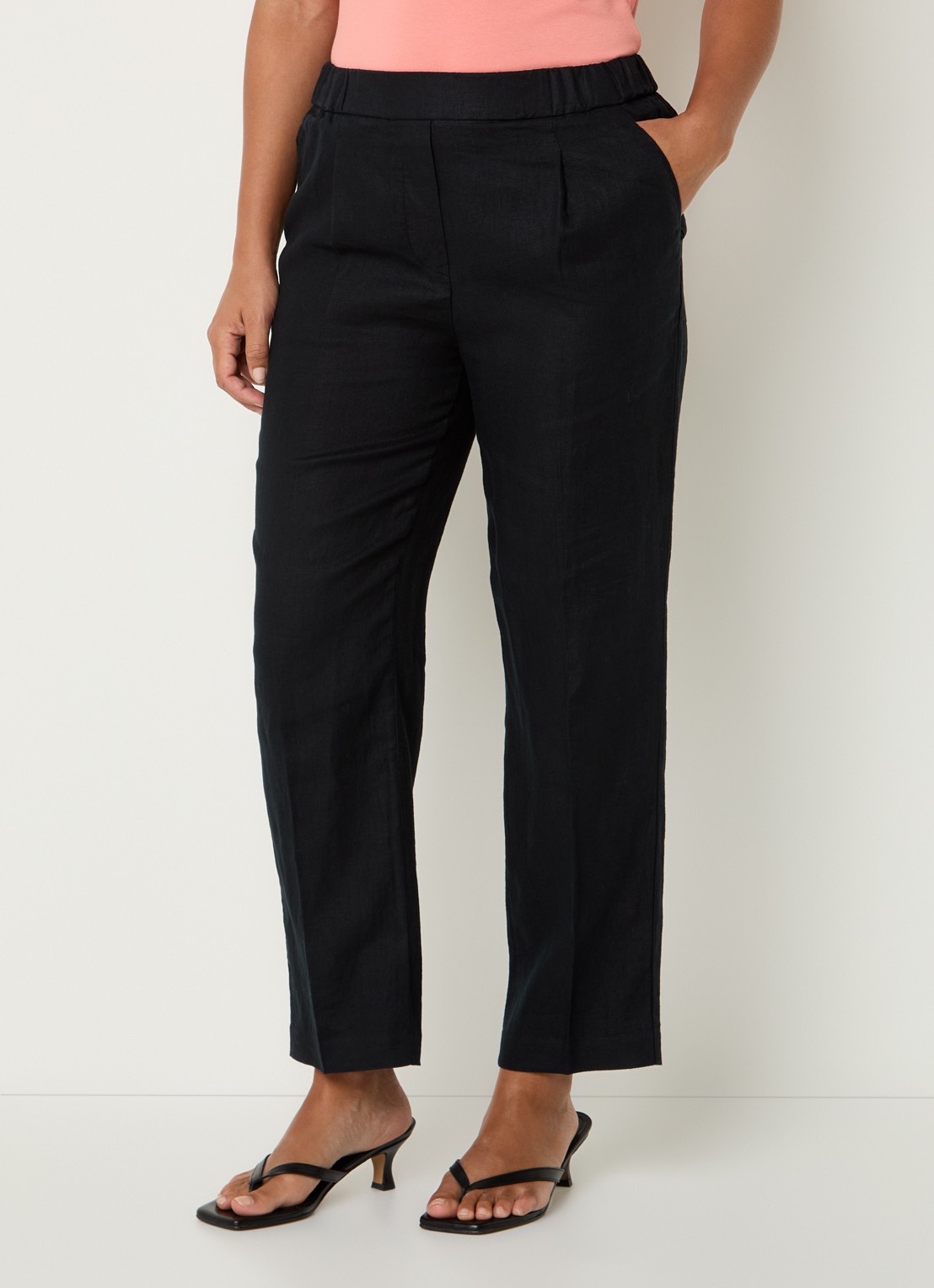 Benetton High waist straight fit chino van linnen met steekzakken - detail 3 zwart