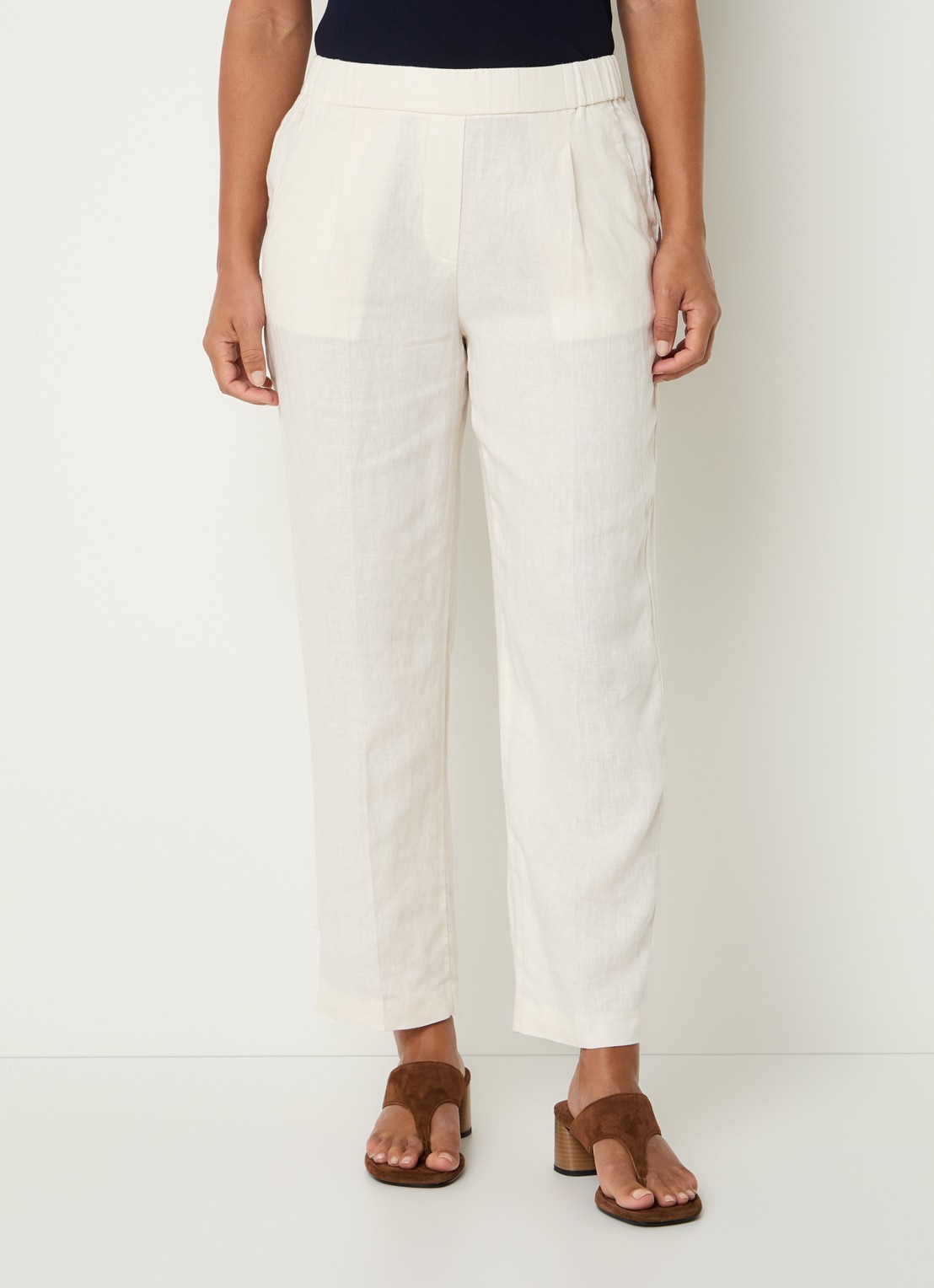 Benetton High waist straight fit chino van linnen met steekzakken - detail 3 creme