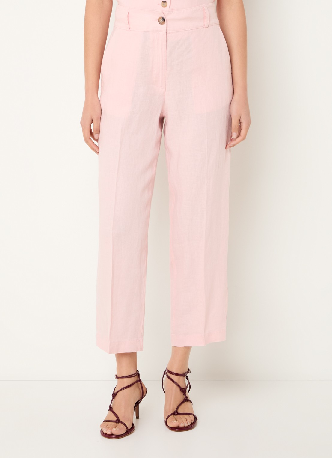 Benetton High waist straight fit croppped pantalon van linnen - detail roze