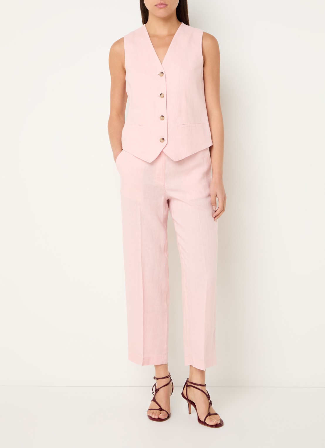 Benetton High waist straight fit croppped pantalon van linnen - voorkant 4 roze
