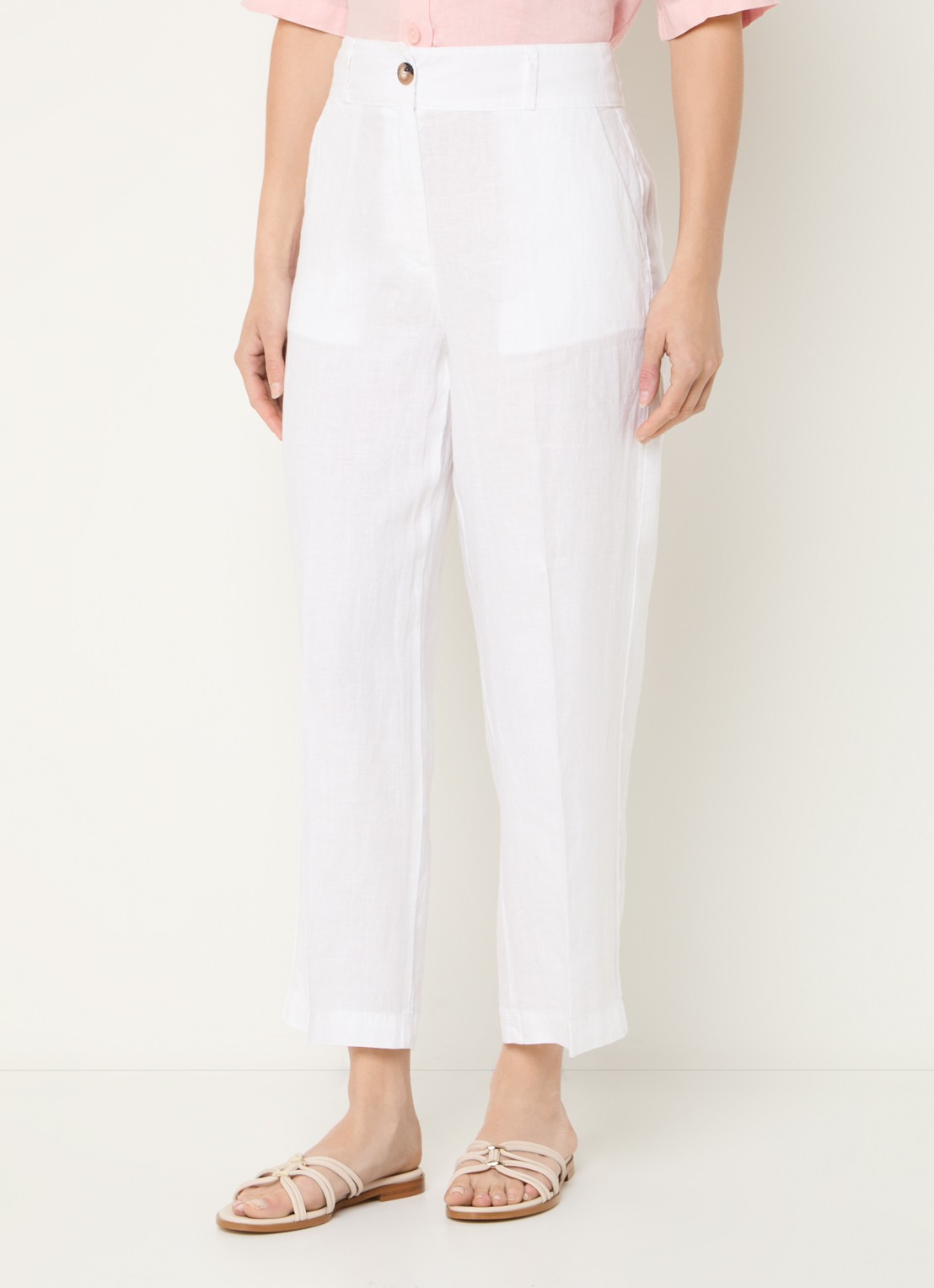Benetton High waist straight fit croppped pantalon van linnen - detail 2 gebroken wit