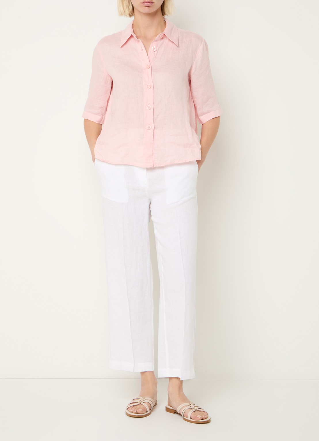 Benetton High waist straight fit croppped pantalon van linnen - voorkant 4 gebroken wit