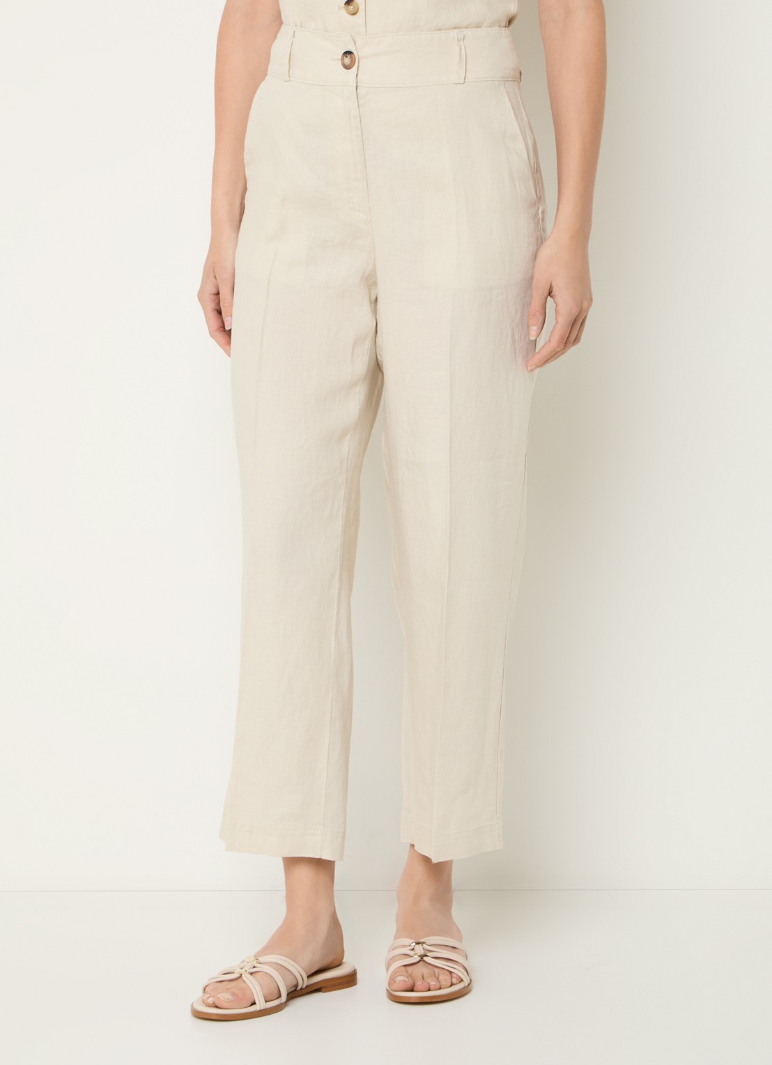 Benetton High waist straight fit croppped pantalon van linnen - detail zand