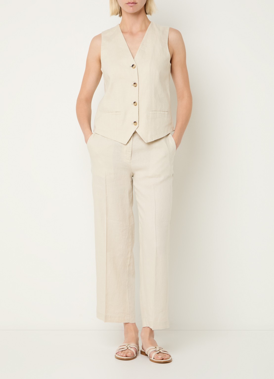 Benetton High waist straight fit croppped pantalon van linnen - voorkant 4 zand