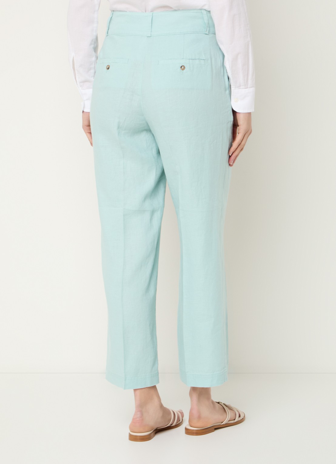 Benetton High waist straight fit croppped pantalon van linnen - achterkant 2 turquoise
