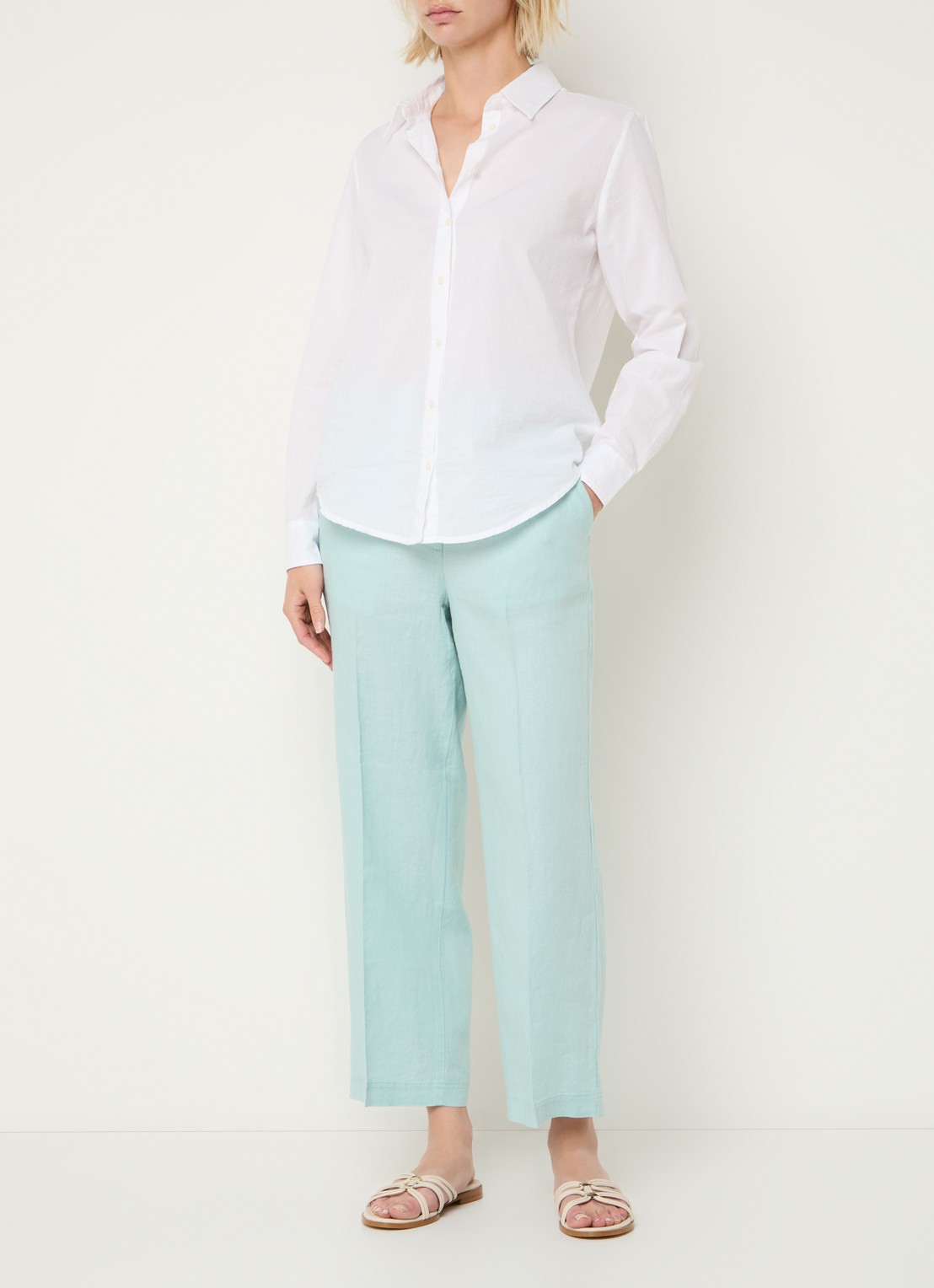 Benetton High waist straight fit croppped pantalon van linnen - voorkant 4 turquoise