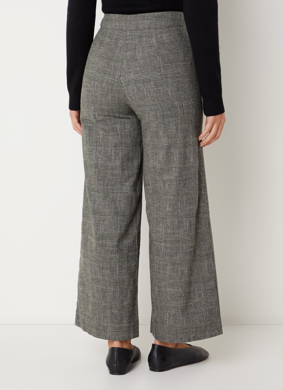 Benetton High waist straight fit pantalon in linnenblend met ruitdessin - achterkant grijs
