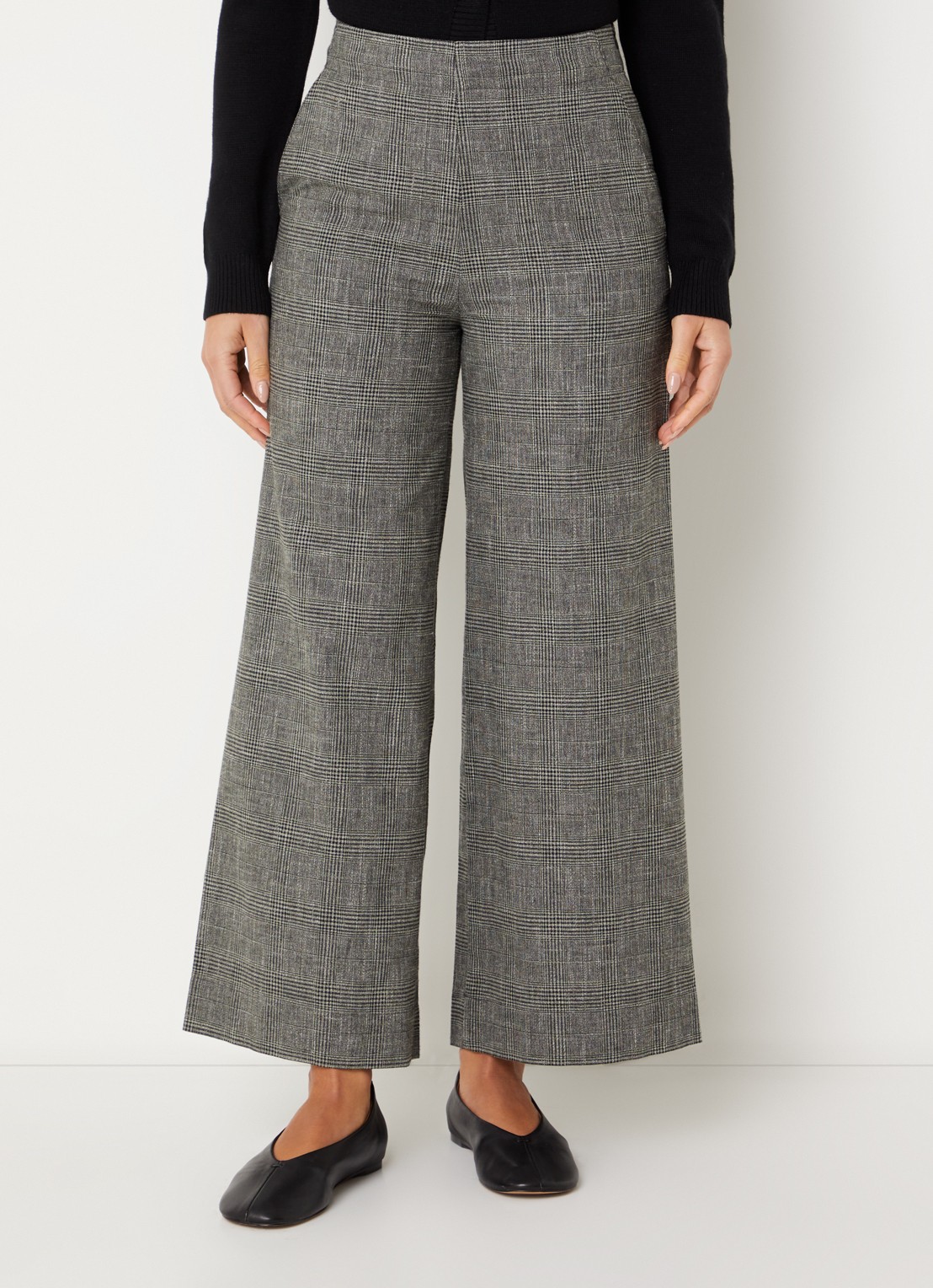 Benetton High waist straight fit pantalon in linnenblend met ruitdessin - detail 2 grijs